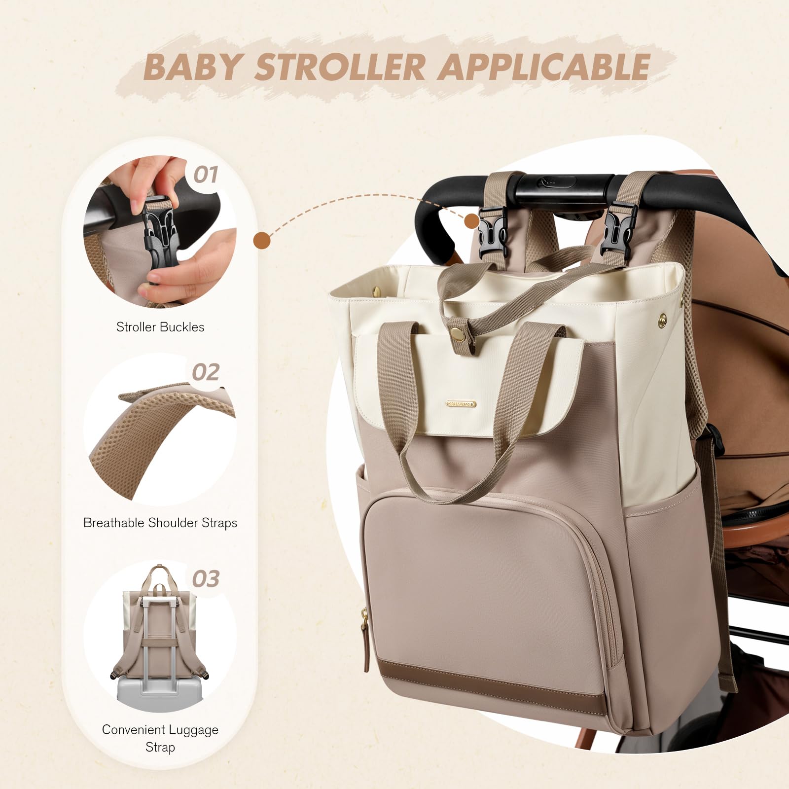 GOLF SUPAGS 25L Mochila Cambiador para Bebé con Cambiador Portátil y correas para Cochecito, Mochila para Pañales, Mochila de Térmica Almuerzo, para Mamá y Papá (Champán & Blanco)