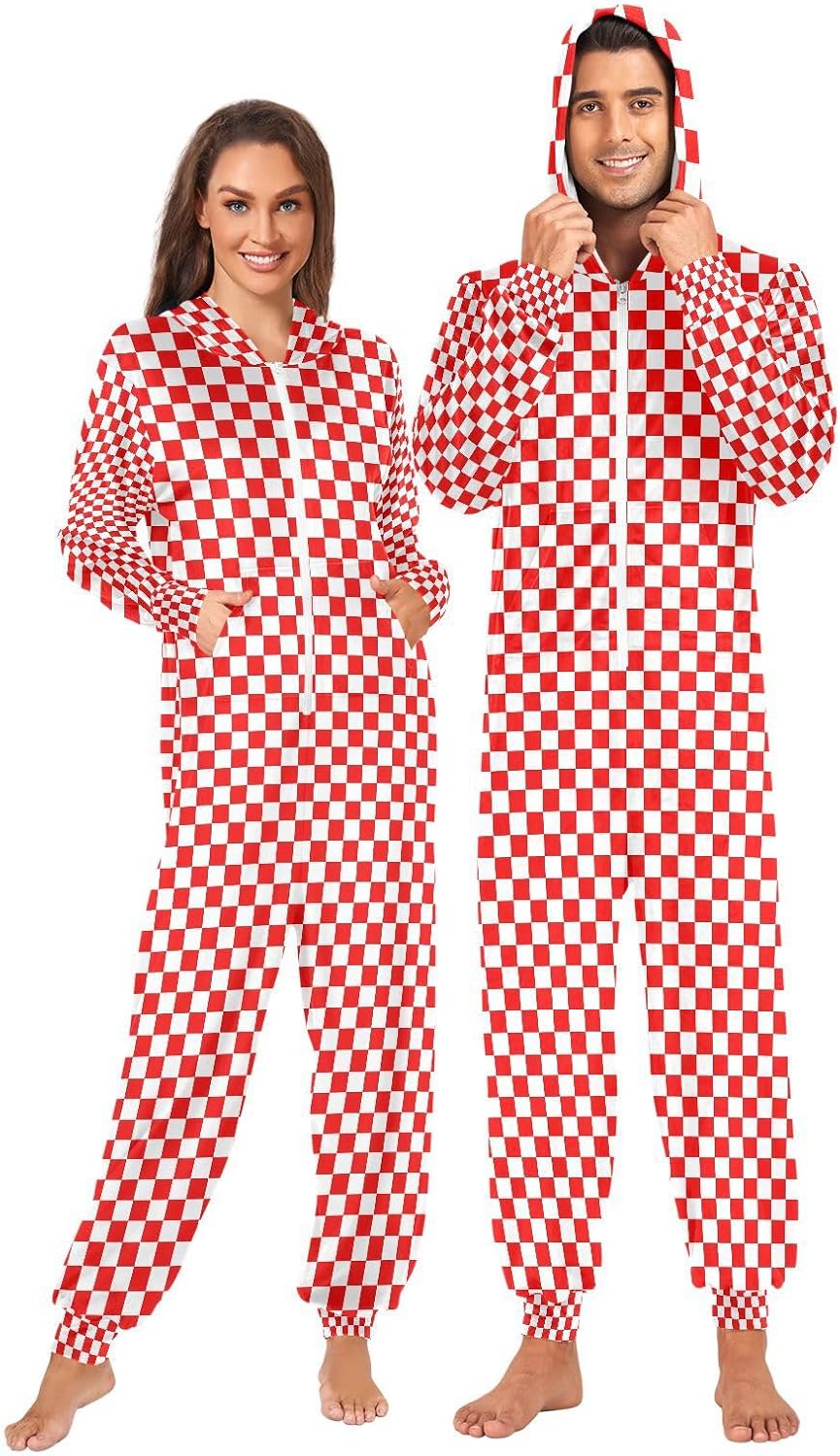 Red White Checkered Buffalo Plaid Adult Onesie Pajamas Novelty One Piece Costume Sleepwear Jumpsuits Matching PJS