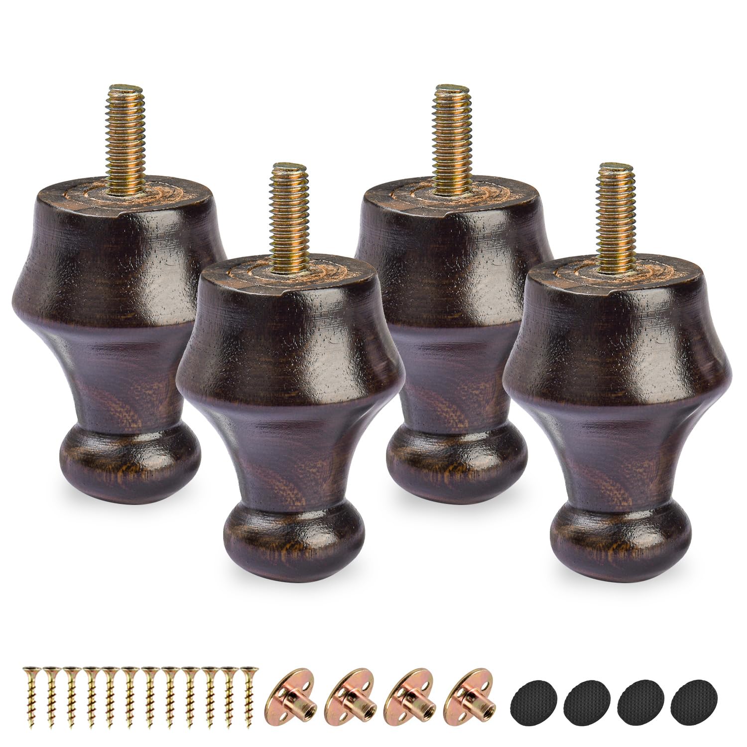 Btowin 2.4 Inch / 6cm Solid Wood Furniture Legs,4Pcs Wooden Walnut Sofa Legs DIY Replacement Bun Feet With Threaded M8 Hanger Bolt& Mounting Plate& Screw Cabinet Couch Ottoman TV Stand Bed Chair