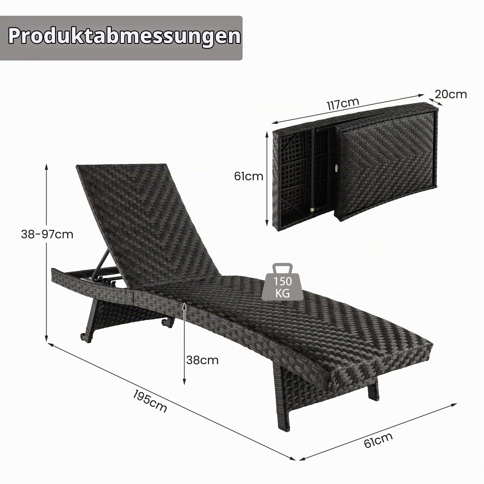 LIFEZEAL Klappbare Gartenliege Polyrattan, Relaxliege Sonnenliege mit 2 Rollen, Liegestuhl mit 5-Fach Verstellbarer Rückenlehne, Wetterfeste Rattanliege für Garten, Balkon und Terrasse, bis zu 150 KG