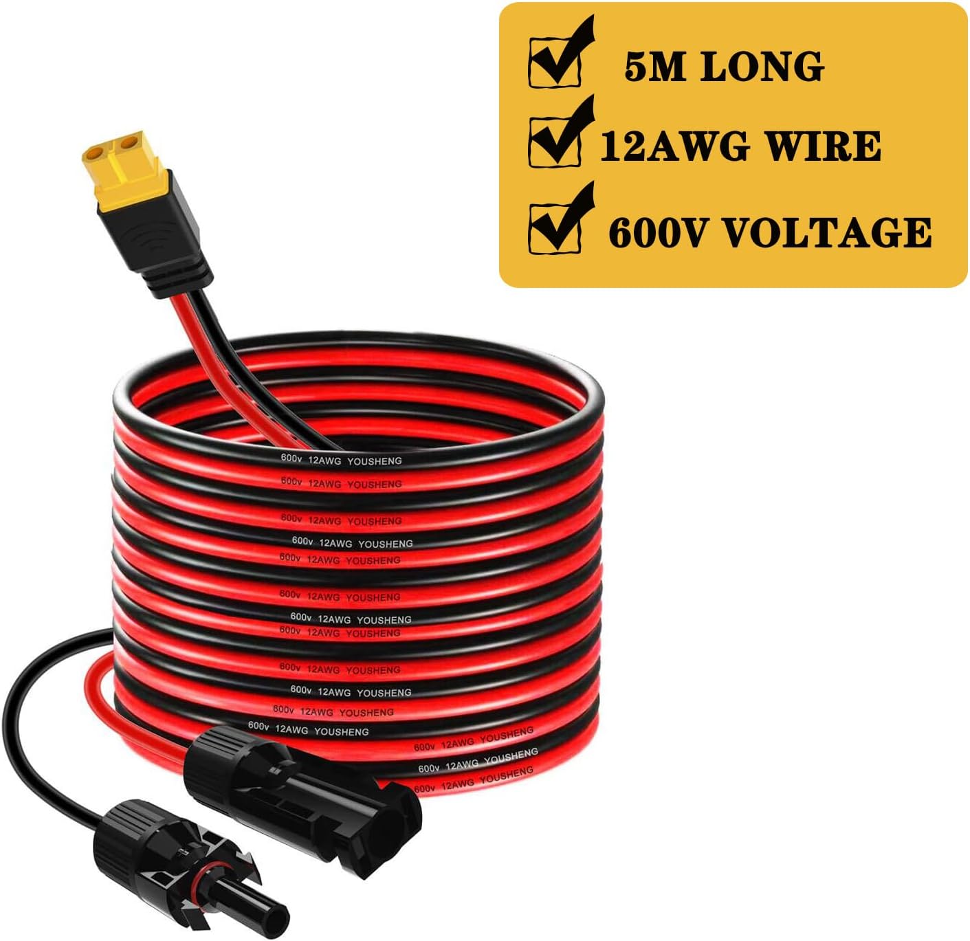 16.4FT Solar to XT60 Charge Extension Cable,12AWG Solar Connector to XT60 Adapter Extension Cable for Solar Panel to Battery RV Portable Power Station Solar Generator(5M)