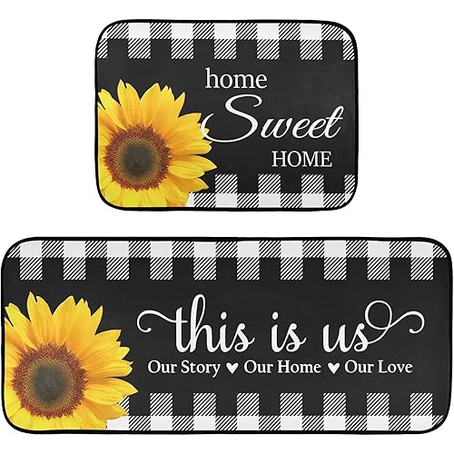 Black White Buffalo Plaid Check Kitchen Rugs and Mats Set of 2 Non Slip Kitchen Floor Mats Comfort Standing Desk Mat for Doormat Bathroom Bedroom Runner Area Rug for Home Decor Washable
