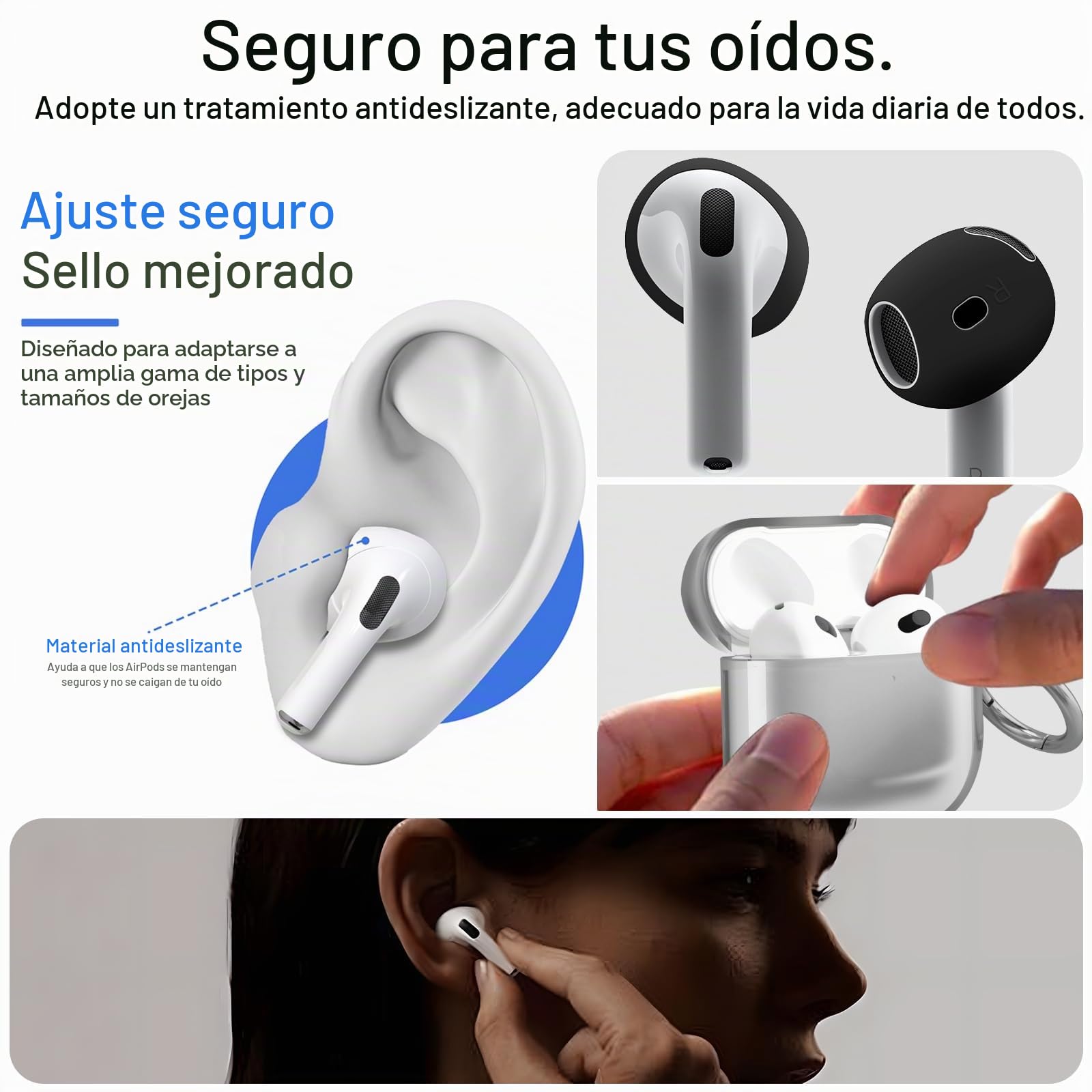 Pack De 3 Pares De Almohadillas De Silicona Para AirPods 4 (2 Blancos + 1 Negro), Compatibles Con El Estuche De Carga