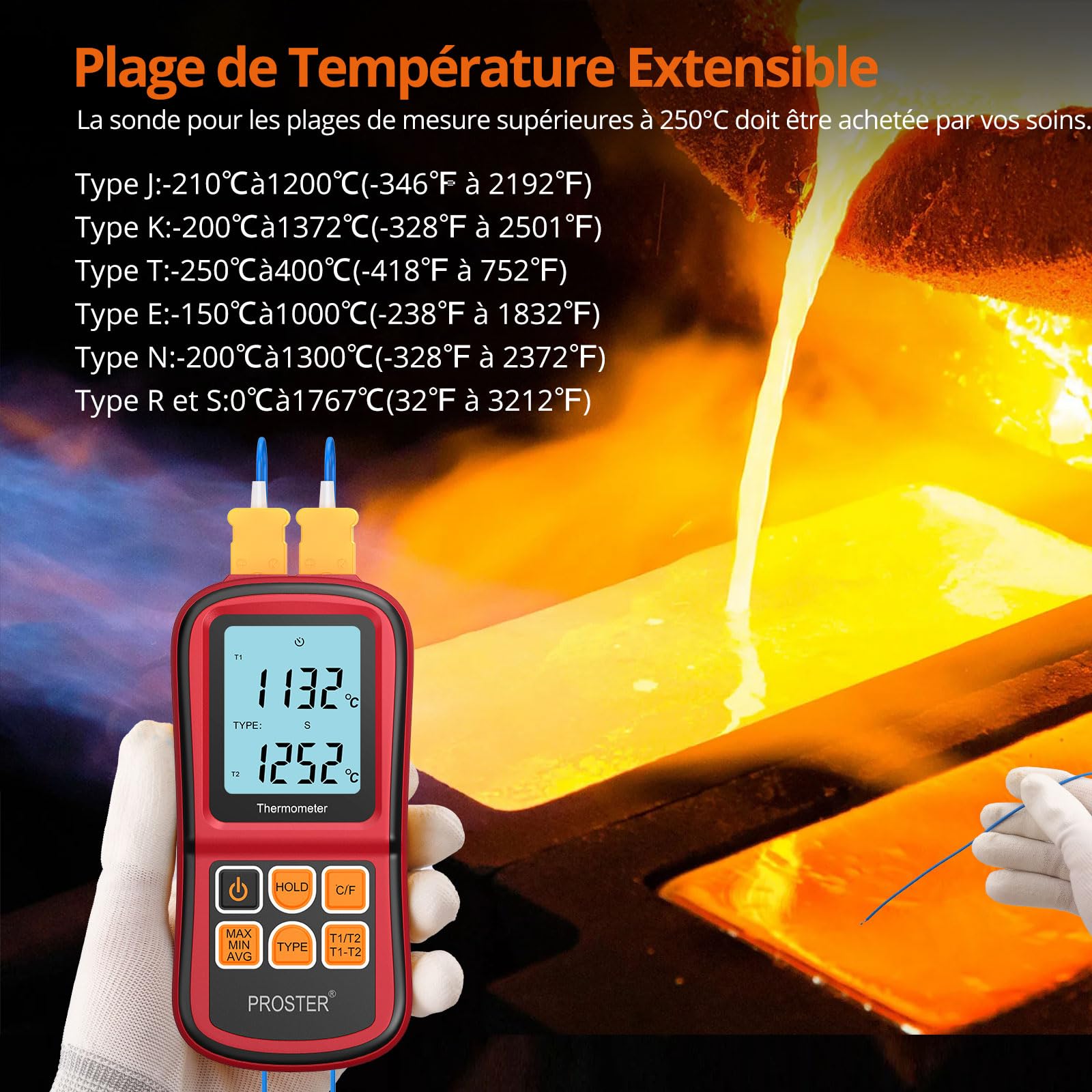 Proster Thermomètre Numérique à Double Canal avec Deux Thermocouples de Type K Thermomètre Industriel avec Rétroéclairage LCD pour Thermocouple K/J/T/E/R/S/N