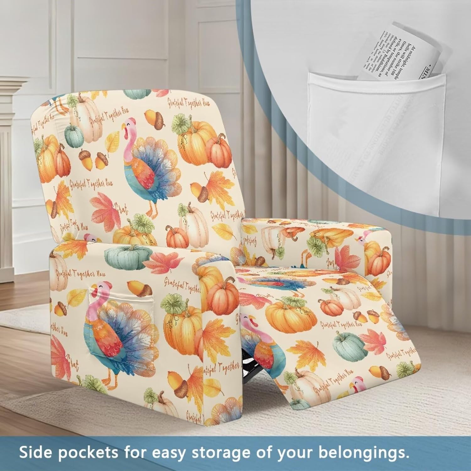 FOR U DESIGNS Turkey Pumpkin Beige Recliner Slip Cover 4-Piece Elastic Set with Storage Pockets Washable Reclining Chair Cover Stay in Place Protector for Pets Thanksgiving Decorations