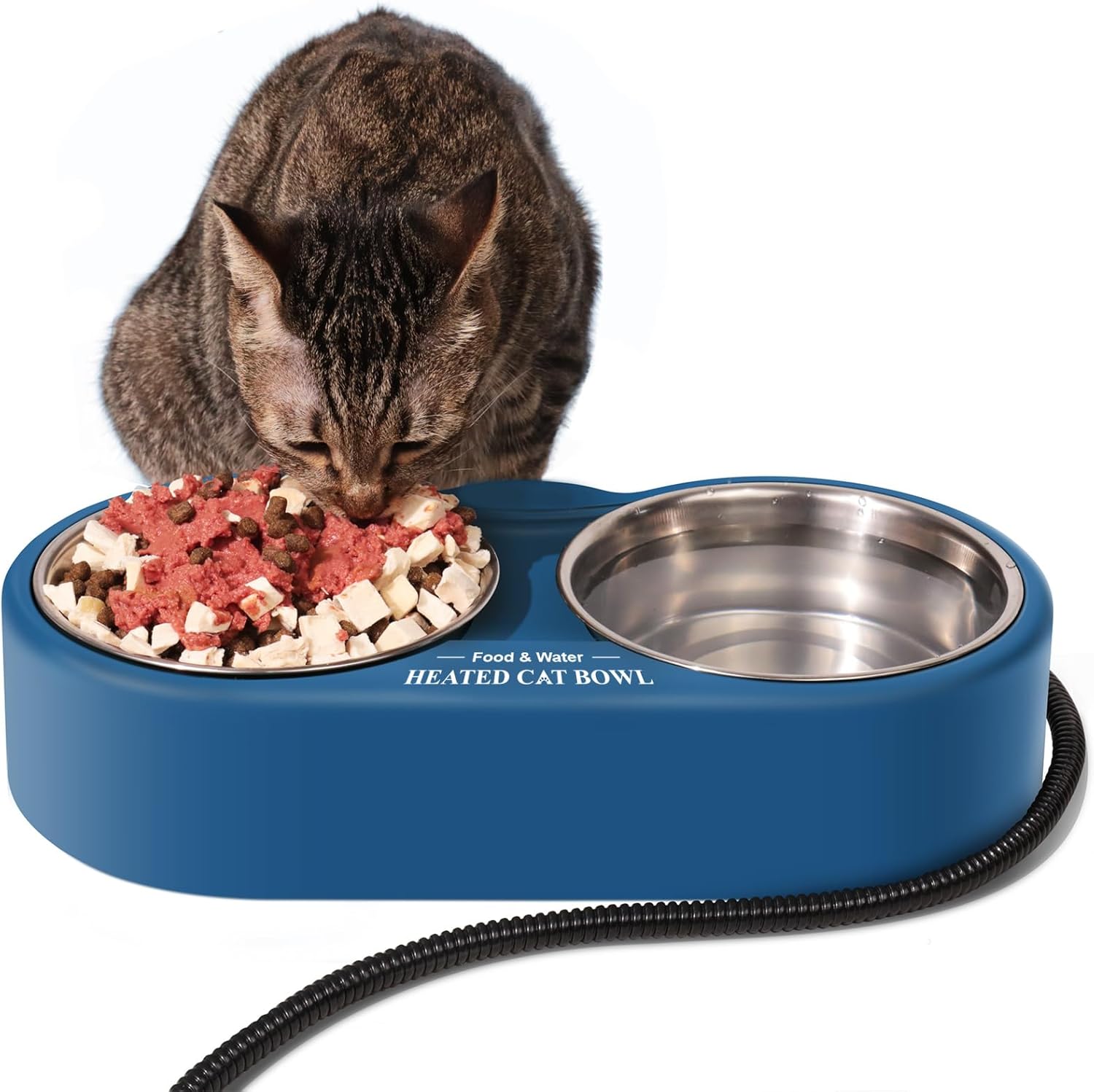 Heated Cat Bowl for Outside Cats in Winter, Provide Non-Freezing Food & Water, Outdoor Heated Water Bowl, Waterproof Heated Pet Bowl with 2 Stainless Steel Bowls for Kitty Feral Cat, 54 OZ 25 Watts