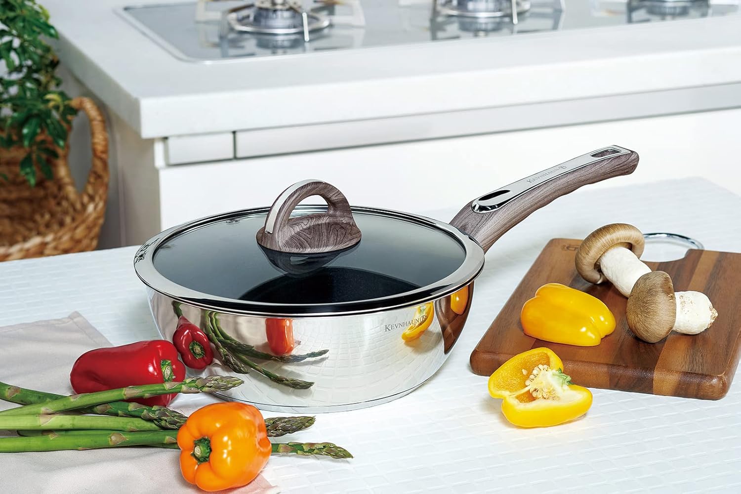 Kevnhaun KVDP24 Stainless Steel Deep Pan, 9.4 inches (24 cm), Fluorine Resin Treatment, Easy to Clean KEVNHAUNPFOA Free Deep Design, Easy to Stew, Stainless Steel Frying Pan with IH Compatible 9.4