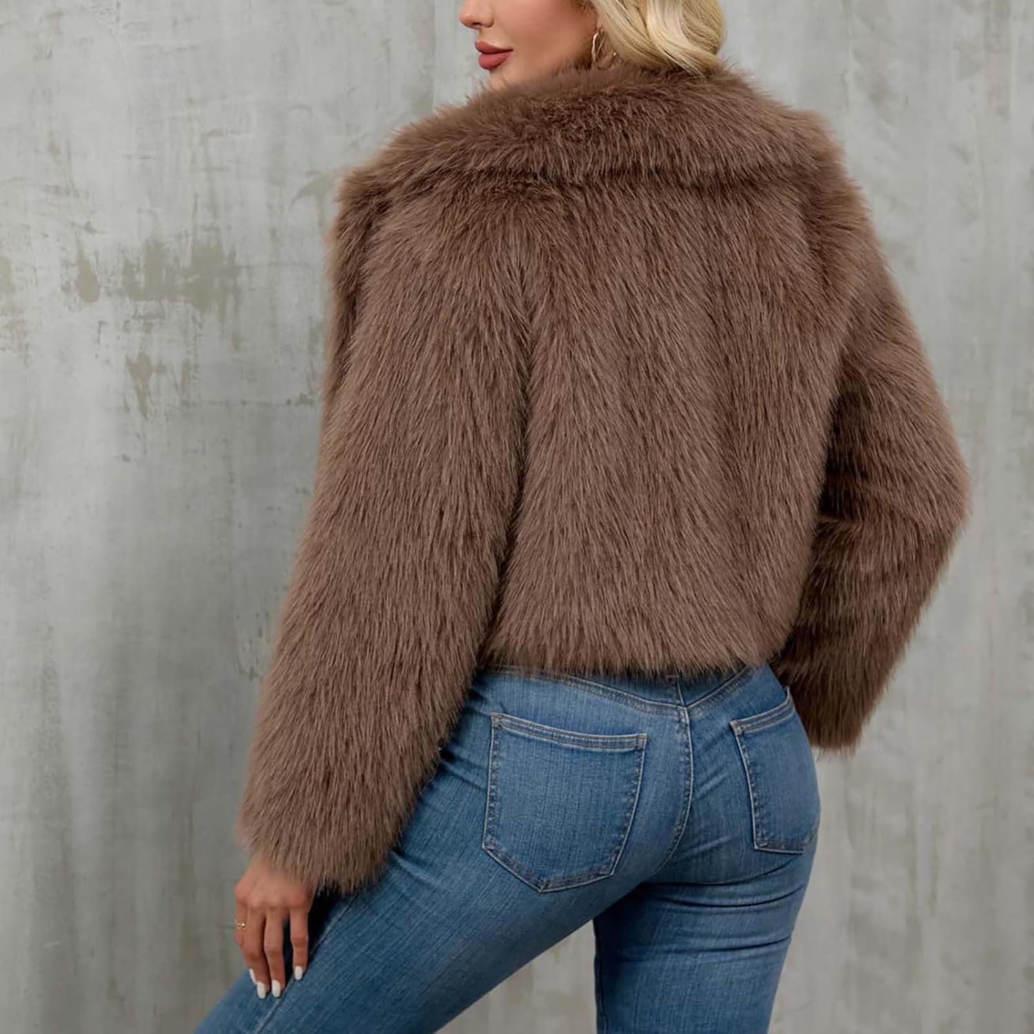 Lmdudan 2025 Winter Faux Fur Coats Women Fleece Cropped Jacket Long Sleeve Shaggy Warm Overcoat Lapel Open Front Outerwear