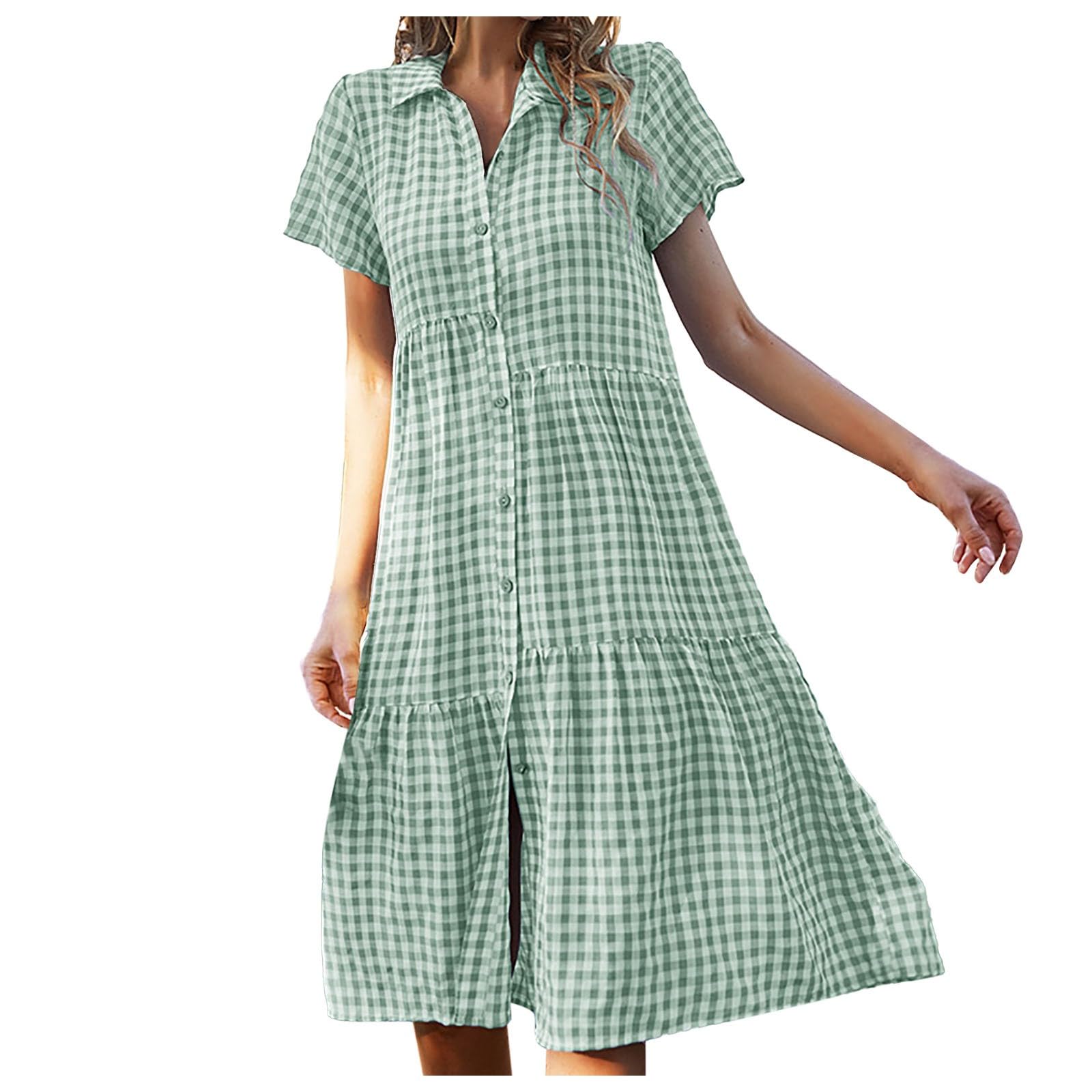 ZWXIN Vestido Mujer Elegante 2024 Casual Vestido de Cuadros con Botón Manga Corta Cuello en V Vestido Midi Cuello en V Vestido Camisero Verano Mujer Túnica Vestido Blusa Swing Vestido Línea A Vestido Casual