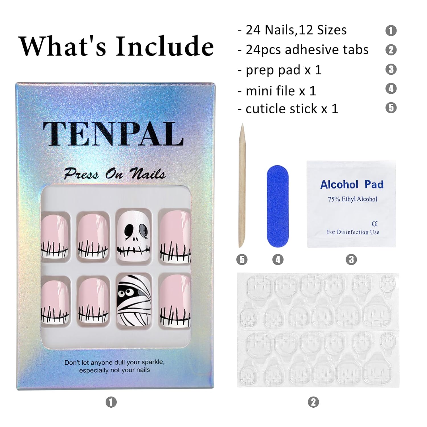 Short Coffin Press on Nails Halloween Skull White French