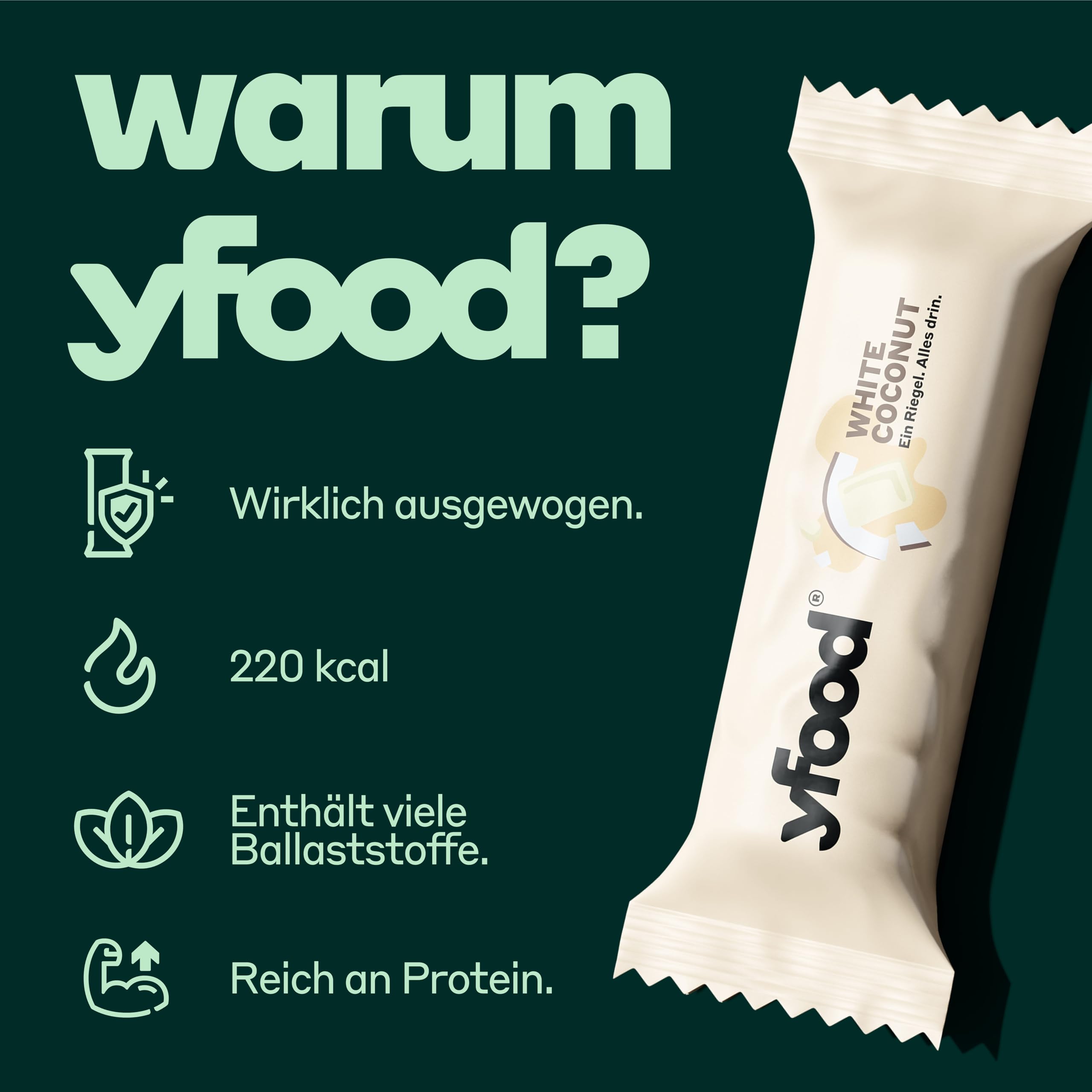 yfood Riegel White Coconut, Leckerer Proteinriegel für unterwegs, THIS IS FOOD, 14g Protein, 25 Vitamine und Mineralstoffe, 12 x 60g, Geschmack Kokosnuss und Weiße Schokolade