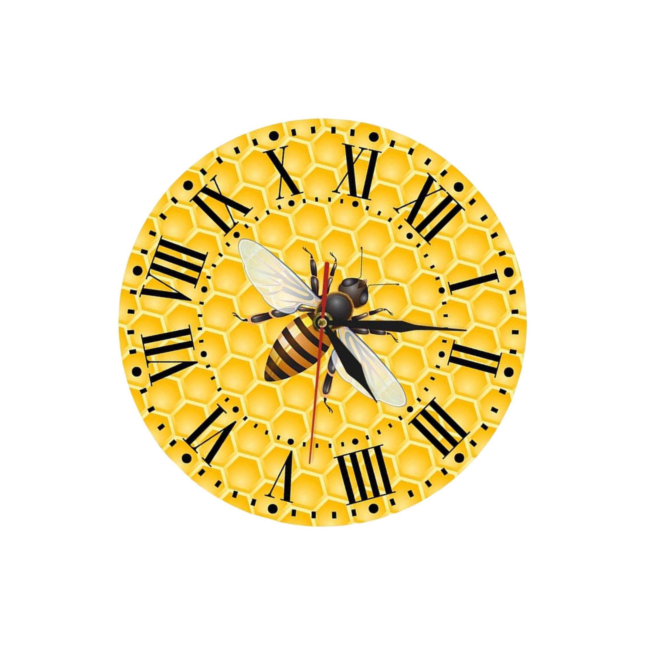 ALCXAZS Decorative Wall Clock Bee On Yellow Printed 30cm Roman Numerals Silent Non Ticking Clock Meeting Room Home Decor Roman Numerals Home Office Decorative
