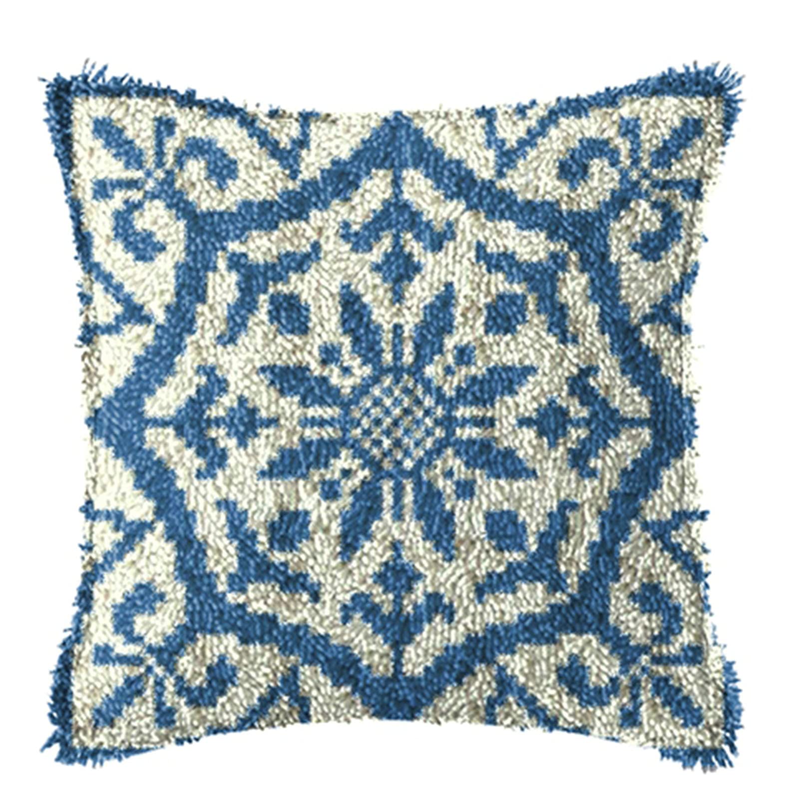 WYOUTDOOR Latch Hook Kit Pillow for Adults And Beginners Cushion Cover Pillowcase Embroidery Kit Embroidery with Blue And White Printed Canvas,43×43Cm