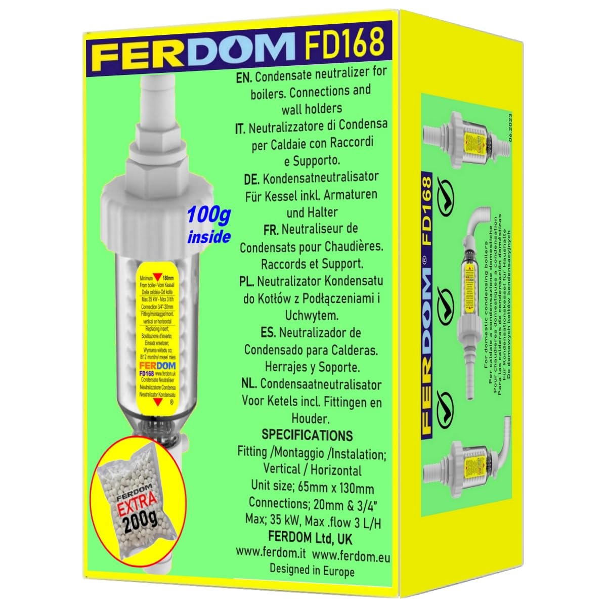 FERDOM FD168 Neutralizzatore Di Condensa Di Caldaia, Ricaricabile, Dimensione Mini. Per Le Caldaie A Condensazione Fino A 35 kW. Fissaggio Orizzontale O Verticale Al Tubo Di Condensa. Facile Fai-Da-Tè