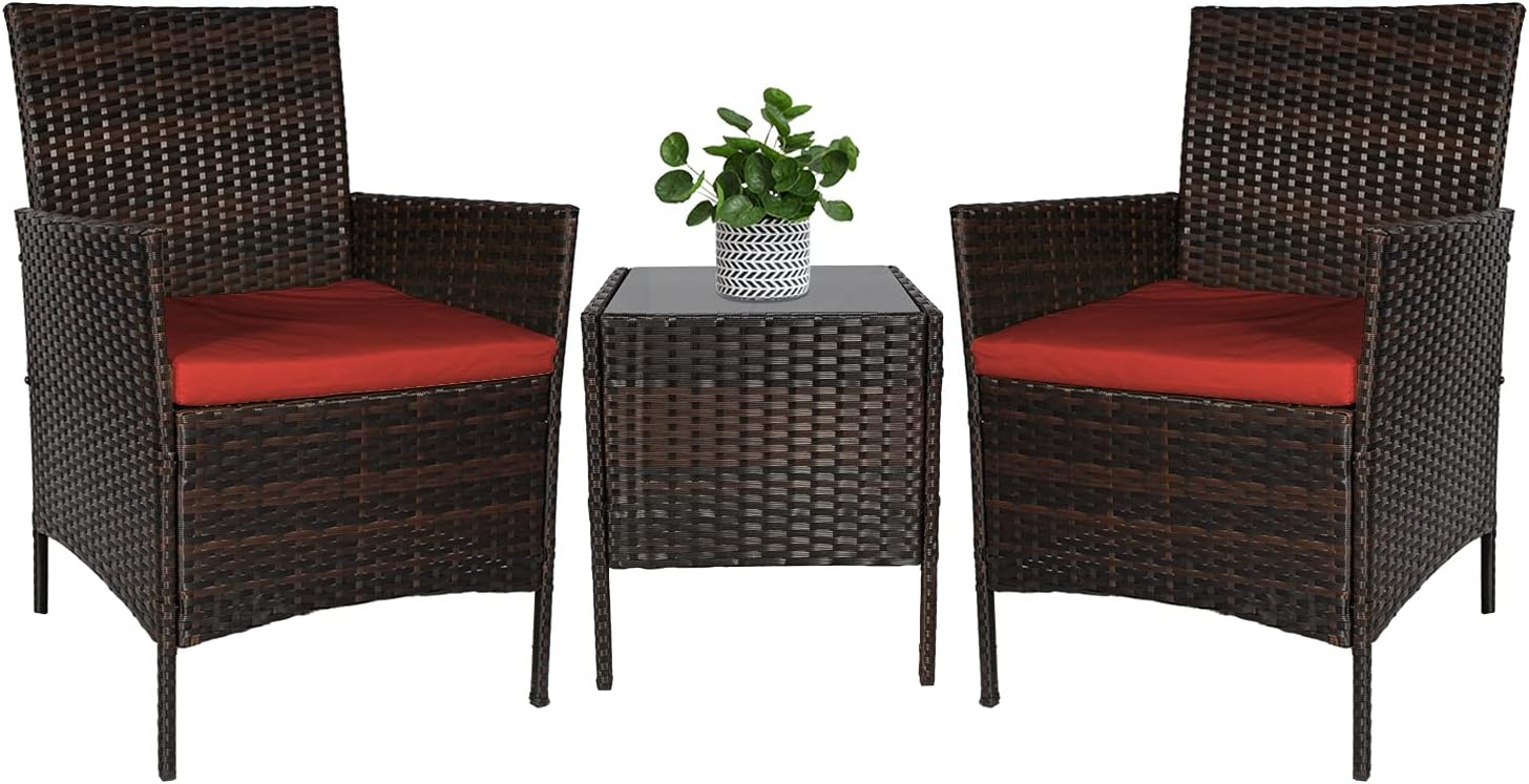 3-Piece Outdoor Patio Furniture Sets Small PE Rattan Wicker Bistro Set All Weather Garden Porch Conversation Set with Side Table and 2 Chairs, Brown/Red