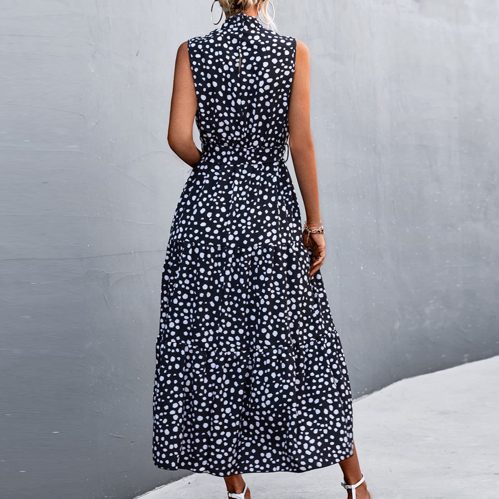Abito con Stampa a Pois, Colletto in Basamento Senza Maniche con Cintura Abito Estivo Lungo da Donna Alta Abito Estivo Elegante Abito Lungo Collo Alto con Cintura per Feste,