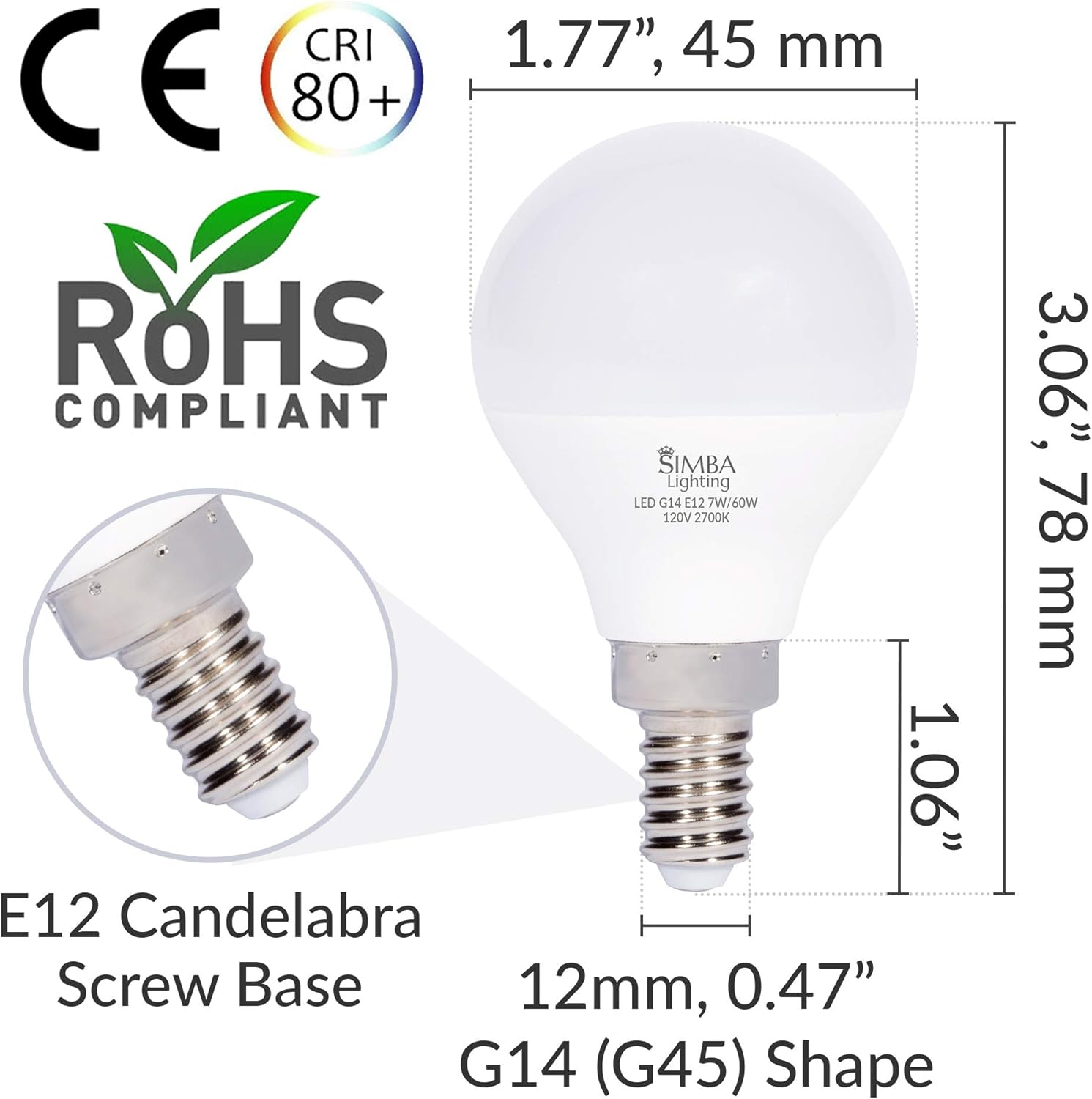 Simba Lighting LED Candelabra E12 Base G14 Small Globe 7W 60W Replacement Light Bulb (6 Pack) for Ceiling Fan, Chandelier, Vanity, Round A15 Frosted White Cover, Non-Dimmable, 2700K Warm White