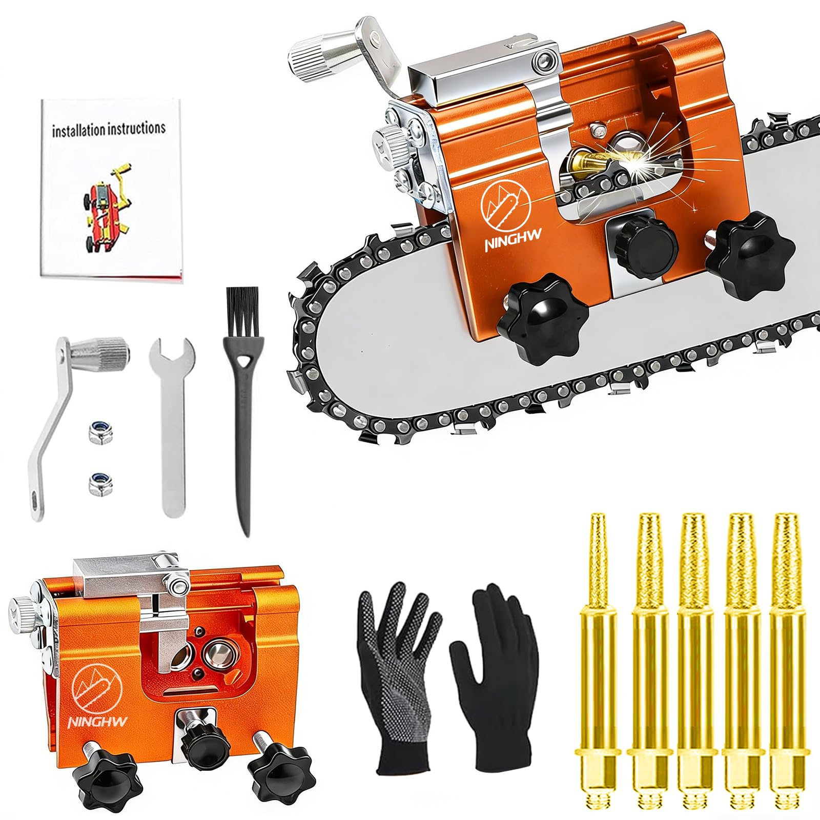 NINGHW Chainsaw Sharpener Jig Portable Chain Saw Sharpener Tool with 5 Sharpening Heads Hand Crank Chainsaw Sharpening Kit with Gloves and Brush,