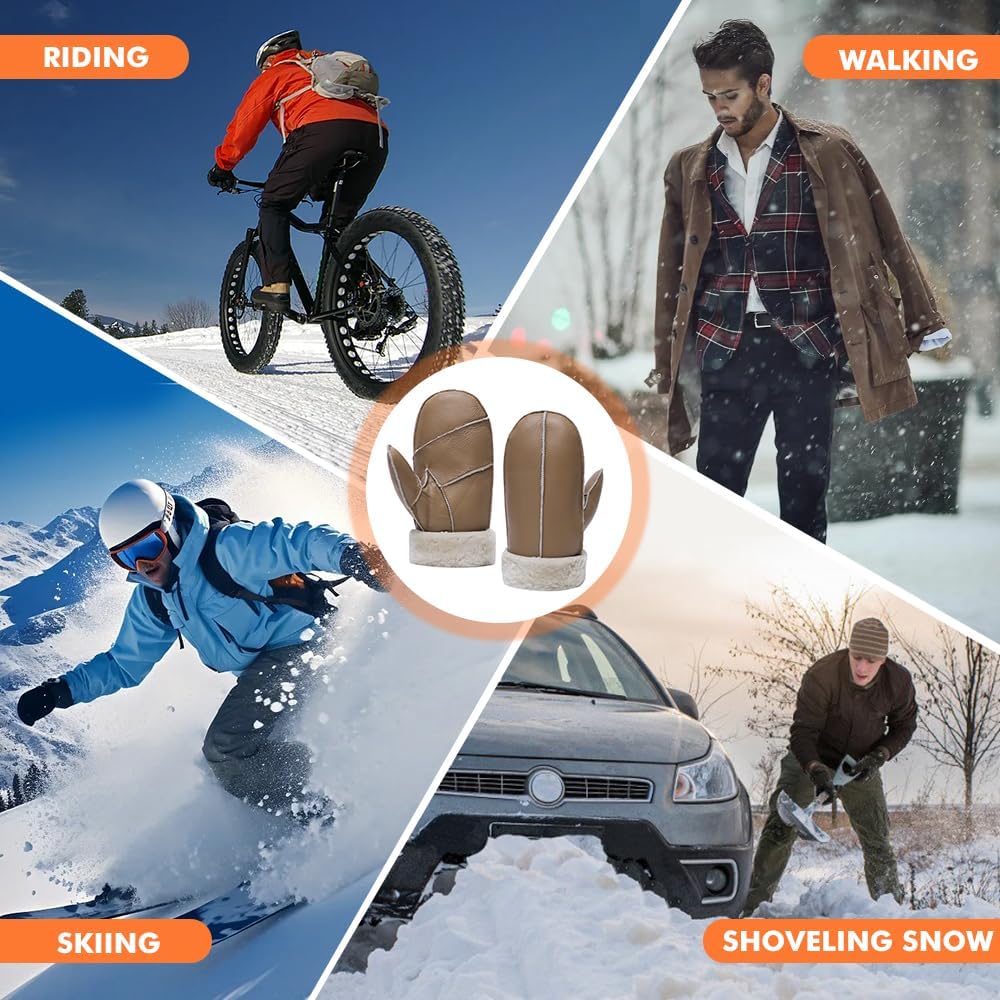 MGGMOKAY Men Leather Mittens Shearling Sheepskin Fur Lined Winter Mitten Gloves - Image 5