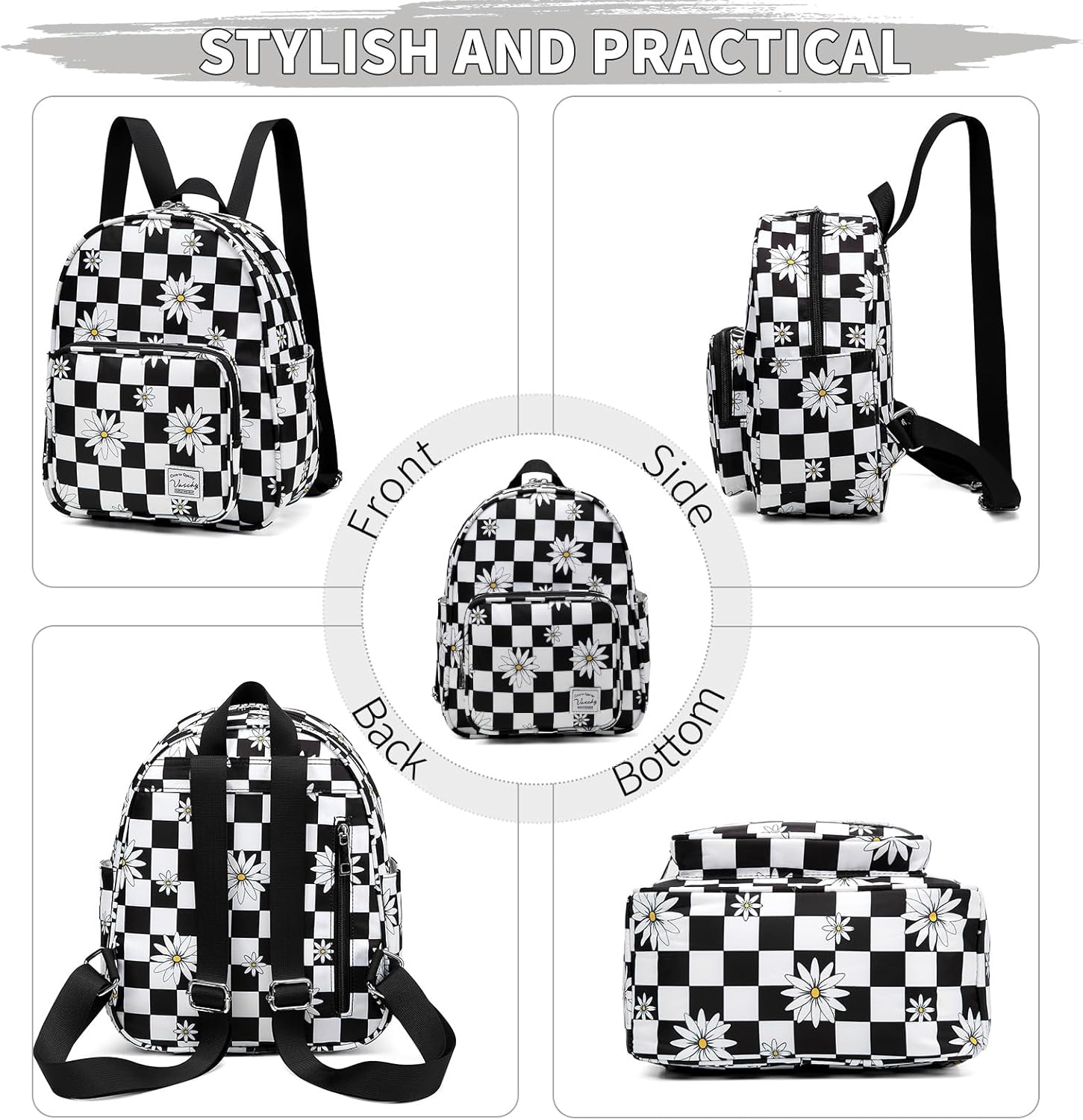 VASCHY Small Backpack for Women, Cute Mini Lightweight Nylon Travel Backpack Purse for Teen Girls Plaid Daisy - Image 6