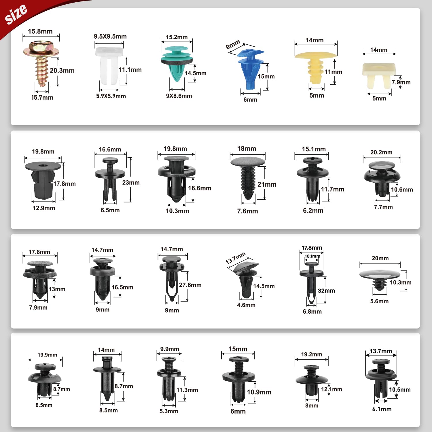 Nilight 900 Stück Auto-Halterungs-Clips, Auto-Befestigungs-Set, 24 Größen, Nylon, Stoßstangennieten, Türverkleidungs-Clips mit 5 Befestigungselementen, Entferner, 10 Kabelbinder für Toyota GM, Ford,