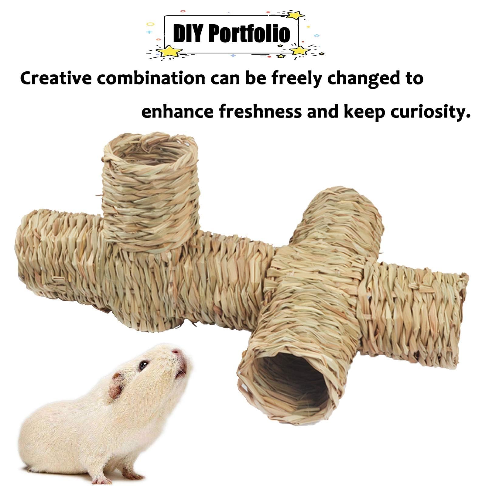 PINVNBY Túnel de Hierba para hámster, Juguete de escondite de la Naturaleza, túneles y Tubos de cobayas, casa de túnel de Paja con 4 entradas para Chinchillas, erizos, Ratas, jerbos (4 Piezas)