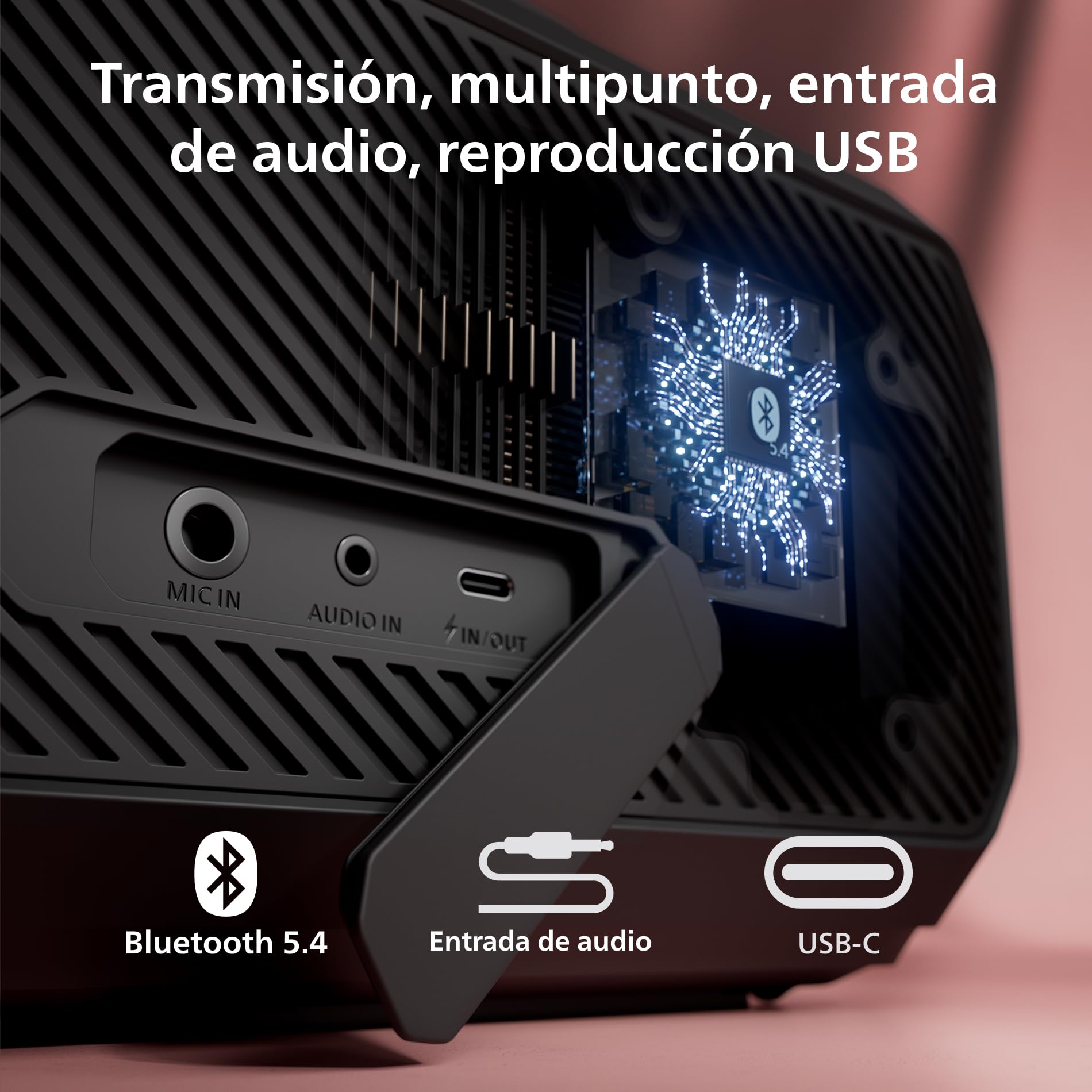 Philips TAS7000EB Altavoz Inalámbrico Bluetooth con Salida Máx.100 W, Bass+, Luces LED, Auracast, IP67, 24 H Reproducción, Batería Externa, Entrada Micro, Batería Intercambiable – Negro