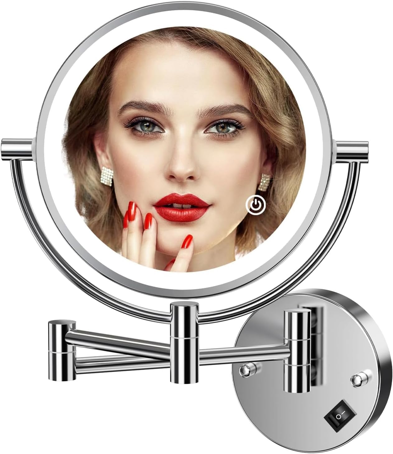 Auxmir Espejo Maquillaje con Luz Pared, Aumento 1X/10X Doble Cara Giratorio 360, Espejo Baño Extensible Táctil con Enchufe, 3 Colores Brillo Regulable, para Hotel, SPA, Plata