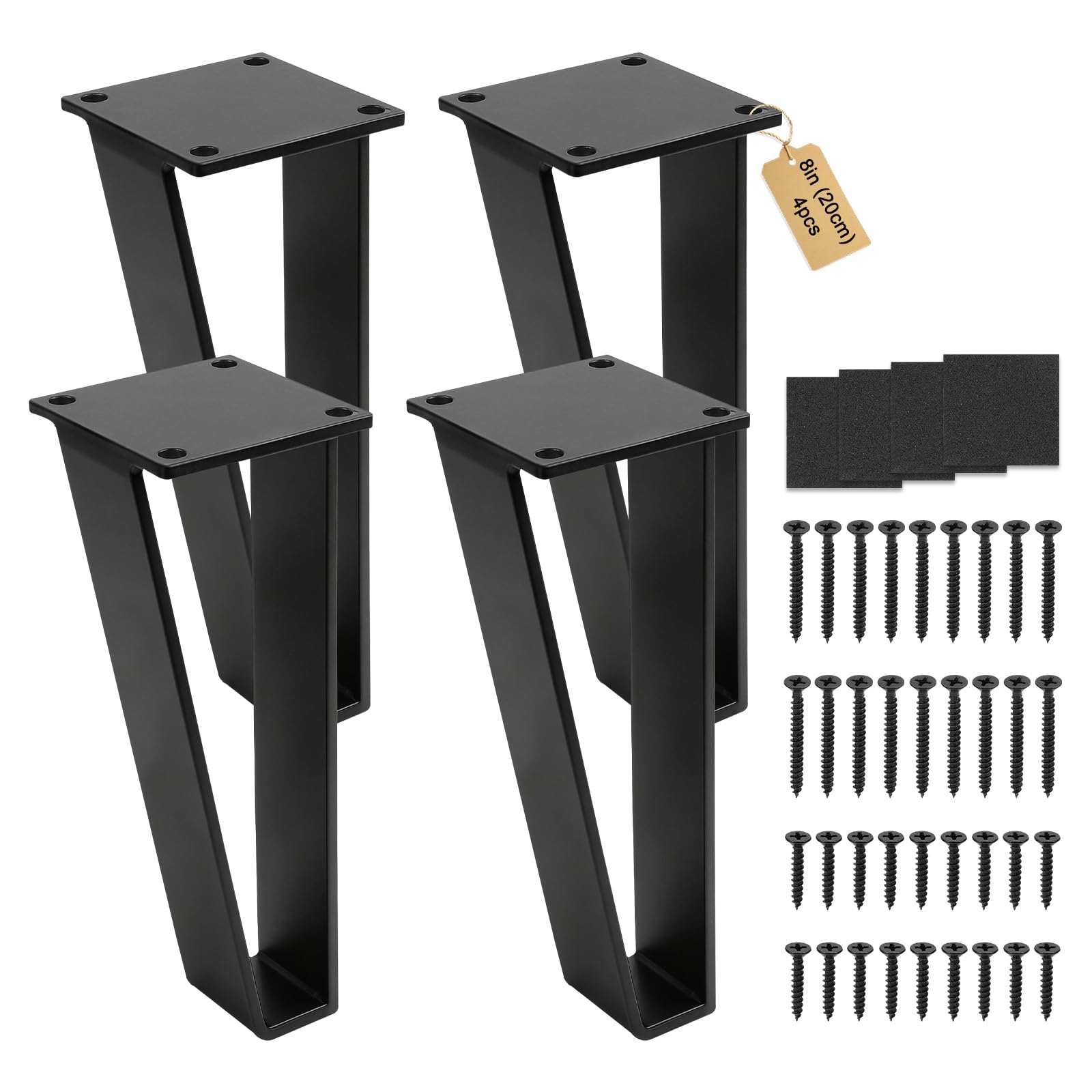 Supaway 4X Haarnadel Tischbeine 8 Zoll (20cm) Hairpin Legs Metall, Schwarz | mit Bodenschoner & Schrauben Haarnadelbeine DIY Möbelfüße für Esstisch, Schreibtisch, Couchtisch, Kommode, Bänke, Sofas