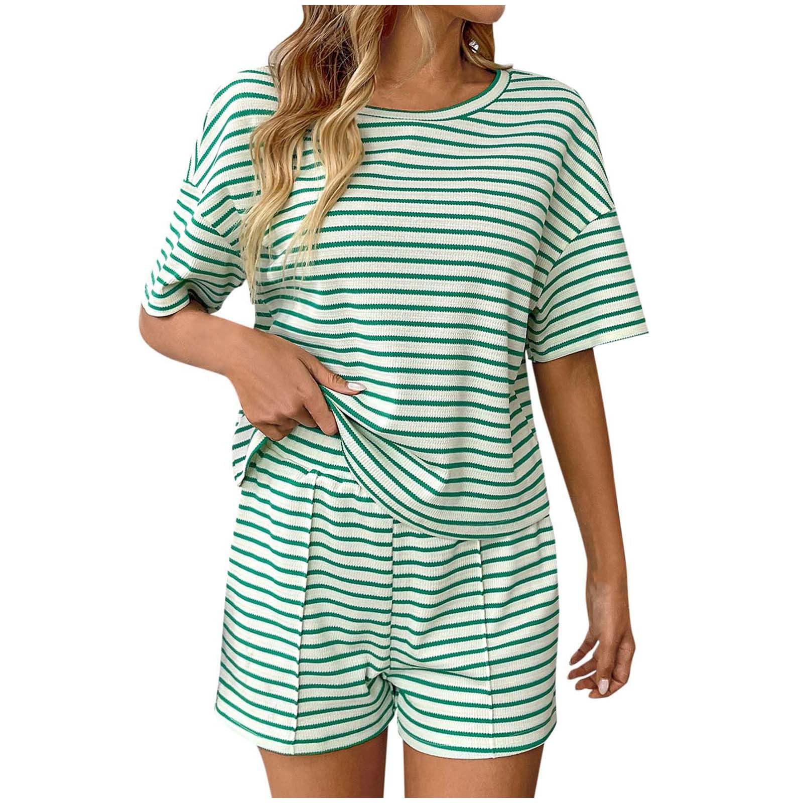 Lounge Sets for Women Pajama Set 2 Piece Short Sleeve Ribbed Knit Top and Shorts Pockets Sleepwear Pajamas