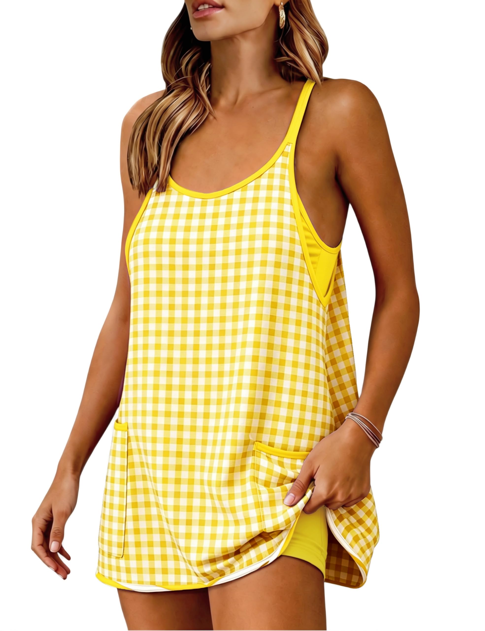 Yidarer Womens Gingham Athletic Mini Dress Built-in Shorts
