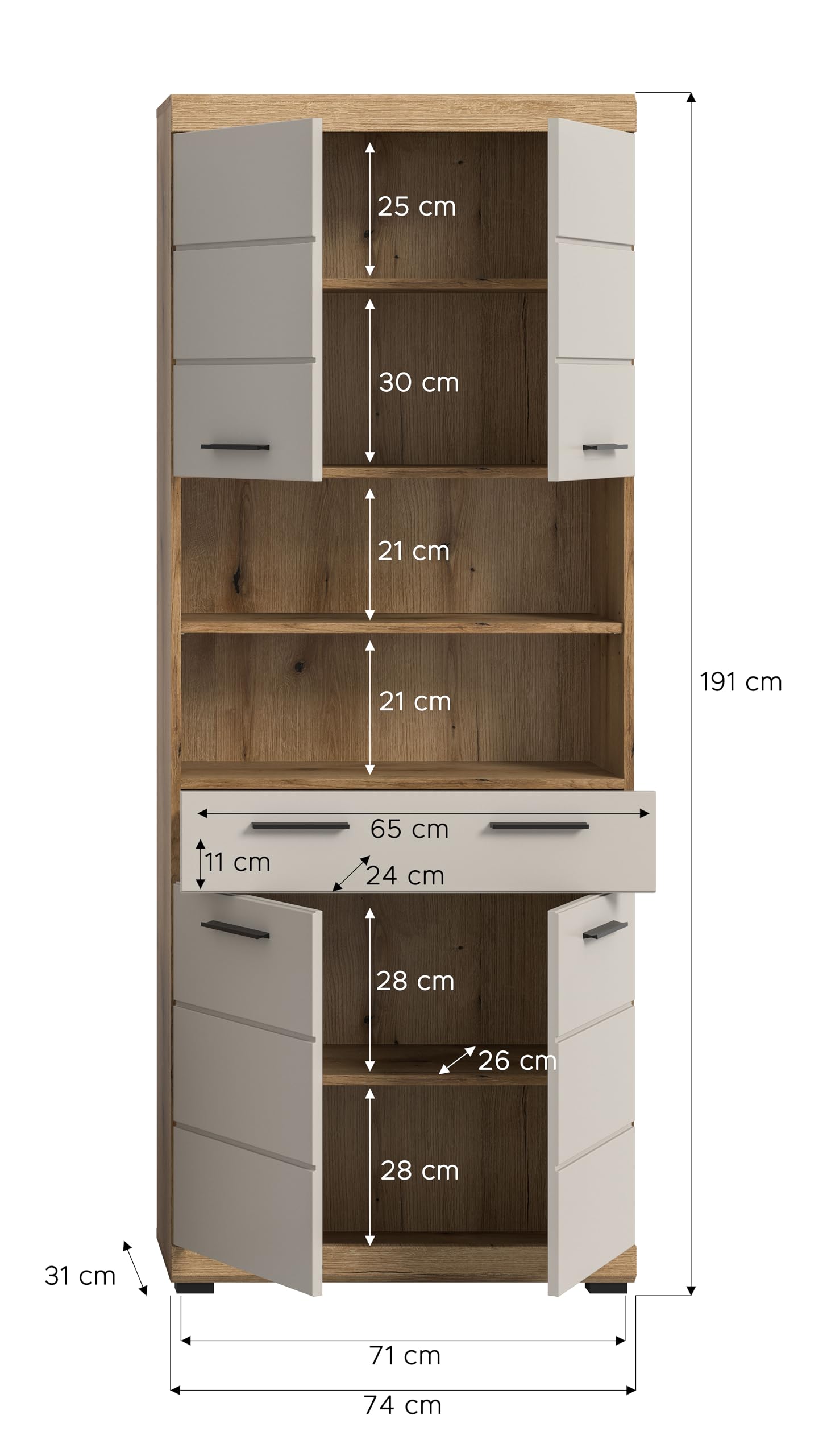 xonox.home – Hochschrank Scout 74x191x31 cm in Evoak Oak und Kaschmir Nachbildung matt – Breiter Hochschrank für Badezimmer – großzügig – Bild 2