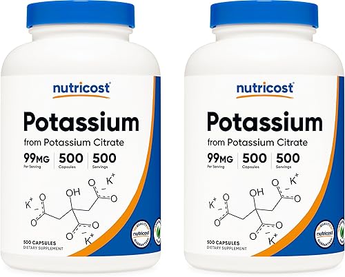 Nutricost Citrato de potasio 99 mg, 500 cápsulas (2 botellas)
