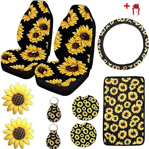 10PCS Sunflower Accessories for Car Wheel Cover,2PCS Sunflower Front Seat Covers,Sunflower Pattern Center Pad,Cup Holder Coaster Sunflower Keyring Car Vent Sunflower Gifts for Women Cover