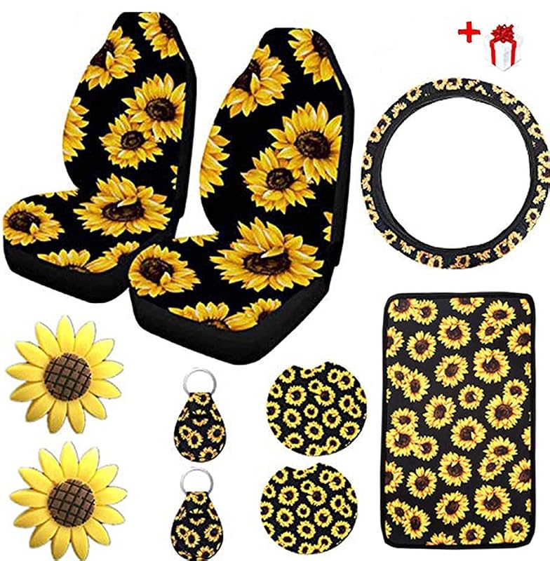 Kit de acessórios internos para carro com estampa de girassol Ldntly, capa para volante, capas dianteiras e acessórios, 10 peças