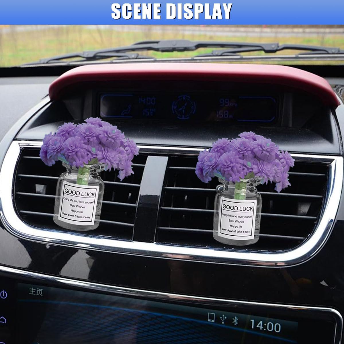 2PCS Flowers Car Dashboard Air Vent Trim Clips, Mini Plants Vase Automotive Ornament, Cute Artificial Flower Car Vent Decorative Clip, Vehicle Interior Decoration Accessory (Purple)