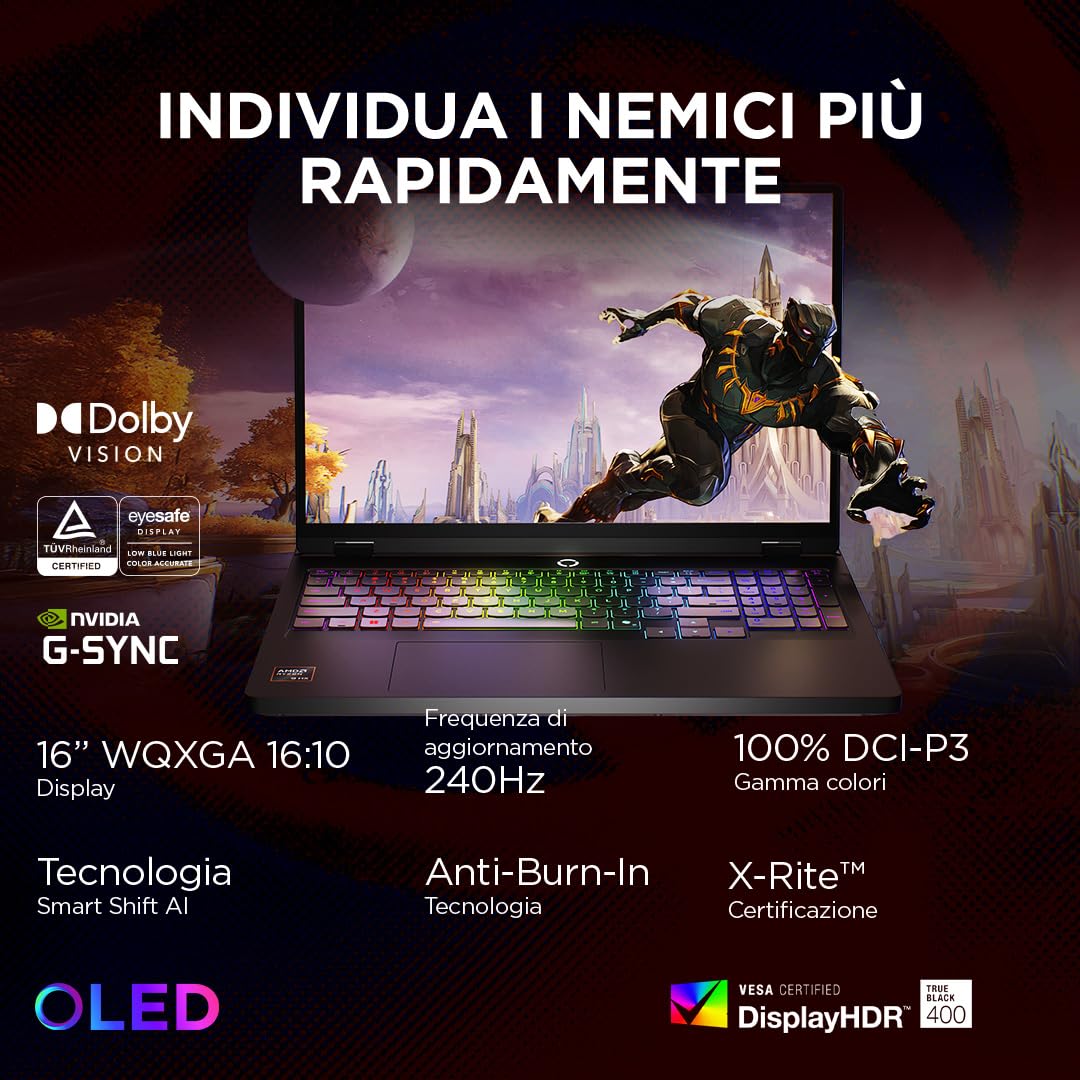 Lenovo Legion Pro 5 Gaming Laptop - Display IPS WQXGA 16" 240Hz, NVIDIA GeForce RTX 5070 8GB, AMD Ryzen 9 8945HX, RAM 32GB, SSD 1TB, Windows 11 Home, Tastiera RGB italiana - Eclipse Black