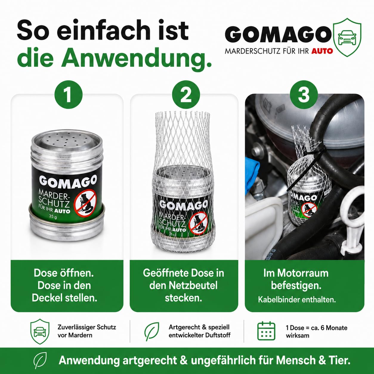 GOMAGO Marderschutz Auto Vorteils-/Doppelpack | Duftstoffbasierte Marderabwehr für den Motorraum | Starke Alternative zu Marderschreck, Marderspray & Ultraschall | ca. 6 Monate wirksam