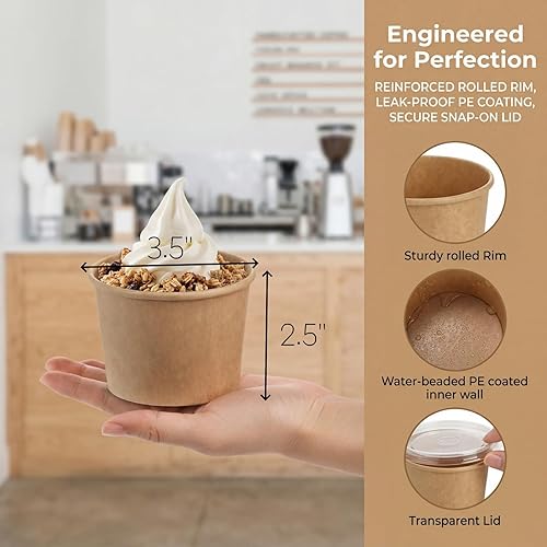 Miniatura 2 de Lyellfe Paquete de 100 cuencos desechables para helado, 8 onzas, cuencos de papel kraft resistentes con tapas, recipiente de sopa para postre