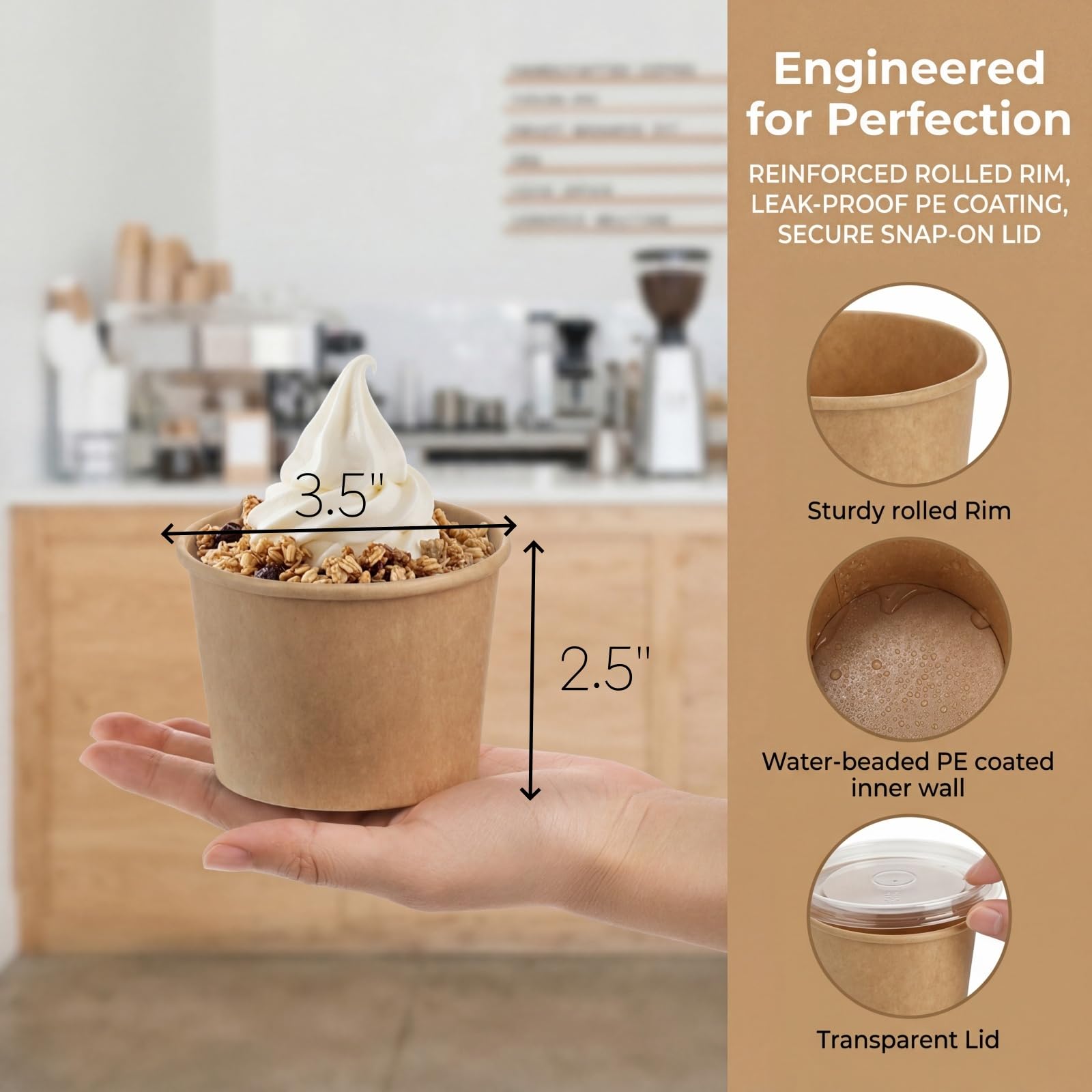 Lyellfe Paquete de 100 cuencos de papel desechables con tapas, tazón de papel kraft resistente de 8 onzas, contenedor de sopa para llevar, tazas de postre para helado, yogur, frío y caliente
