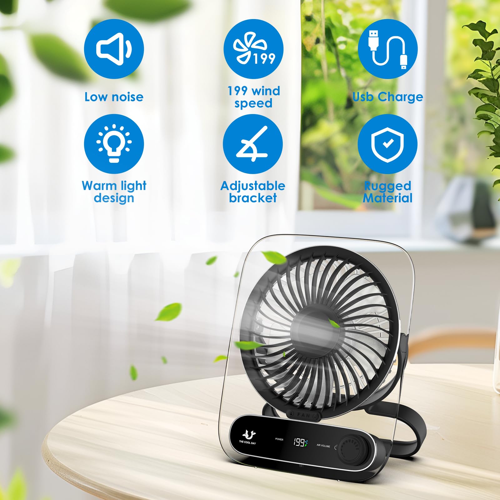 Simpeak Ventilador de Mesa, 199 Velocidades Pequeño Ventilador de Sobremesa Portatil, Batería Recargable por USB de 3000 mAh, Silencioso Fan con LED Luz para Hogar Oficina Camping - Negro