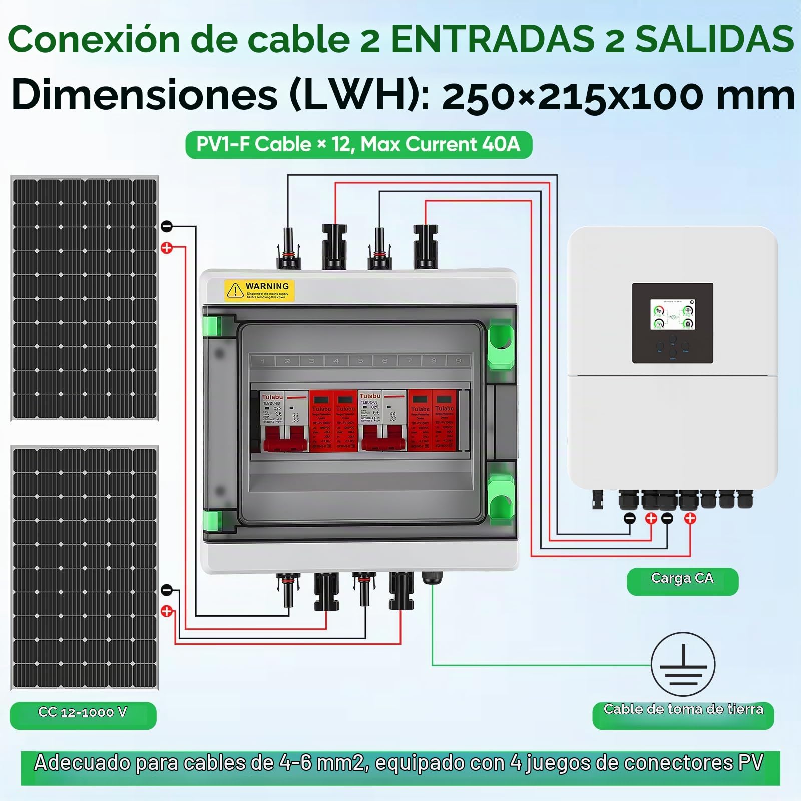 Caja Distribución, Solar Fotovoltaica 1000V 40A 2 en 2 Salida 2 String PV DC Interruptor Aislamiento Caja Combinadora Solar Distribución IP65 Impermeable para Sistemas Solares Fotovoltaico