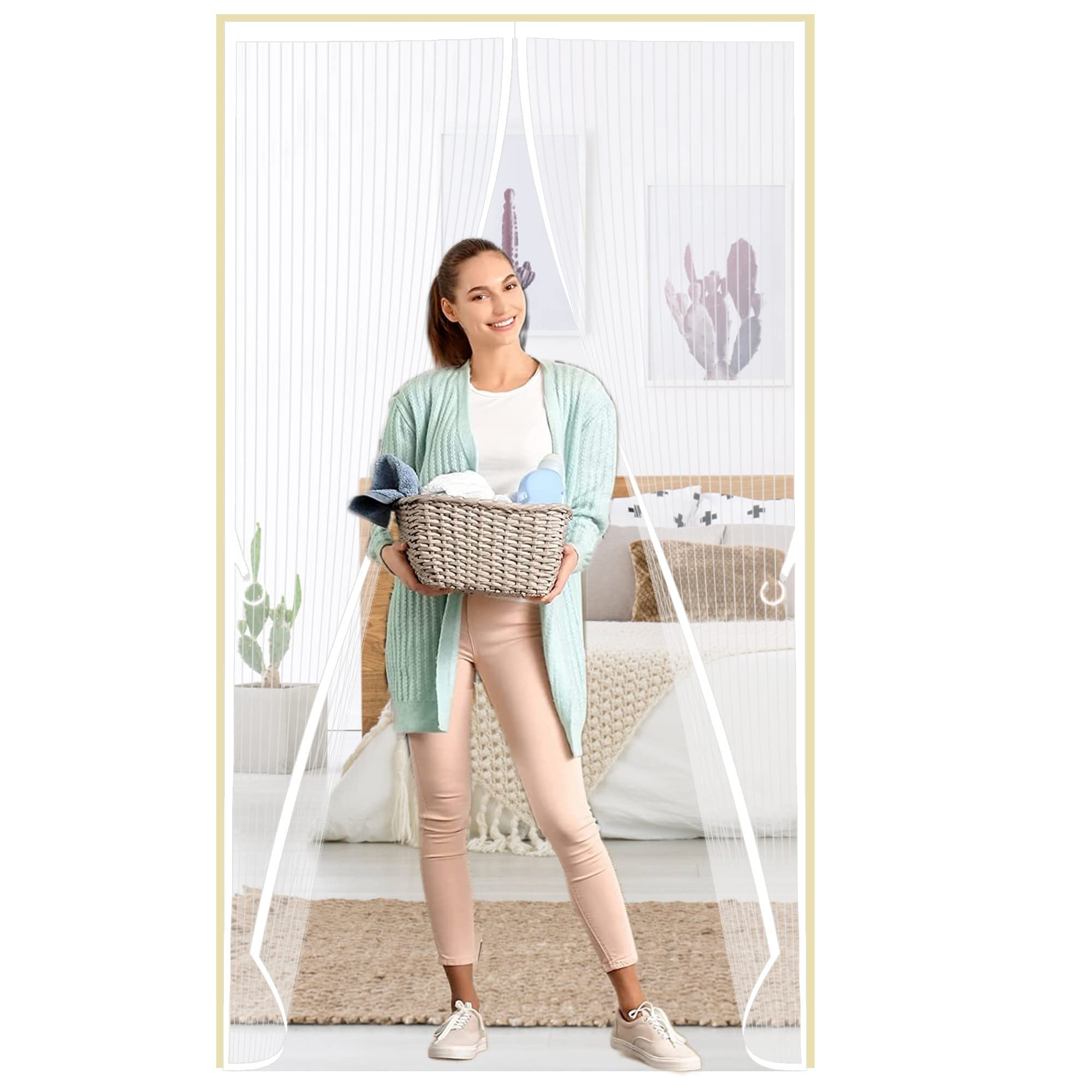 Weizero White Magnetic Fly Screen Door, 145 X 200 Cm Heavy Duty Bugs Door Screen, With Powerful Magnets Patio Insect Door Screen For All Doors, Bug-Free Net Flies/Mosquito,