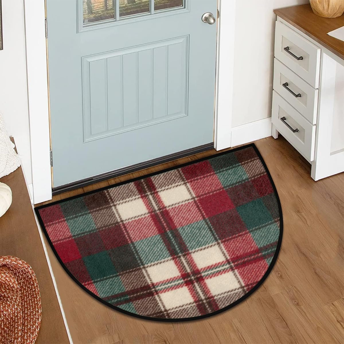 Half Round Door Mat - Indoor Outdoor Christmas Plaid Red Half Circle Rug for Entryway, Bathroom, Kitchen, Living Room - Washable Non-Slip Half Moon Mat with Boho Floral Vintage - Small Floor Mat