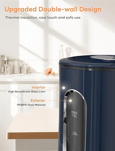 Miniatura 2 de Offacy Hervidor eléctrico, tetera de doble pared interior de vidrio de 1.5 L/1200 W, hervidor de agua caliente y calentador con apagado automático,