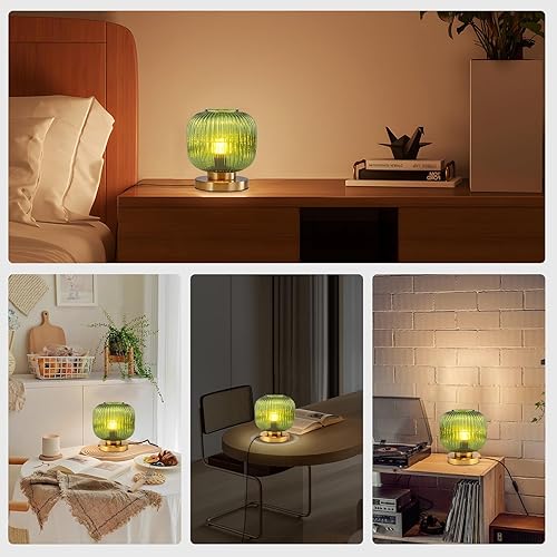 Miniatura 4 de Lámpara de mesa de cristal verde de mediados de siglo moderna lámpara de mesa acanalada pantalla de vidrio dorado lámpara de mesa pequeña lámpara de