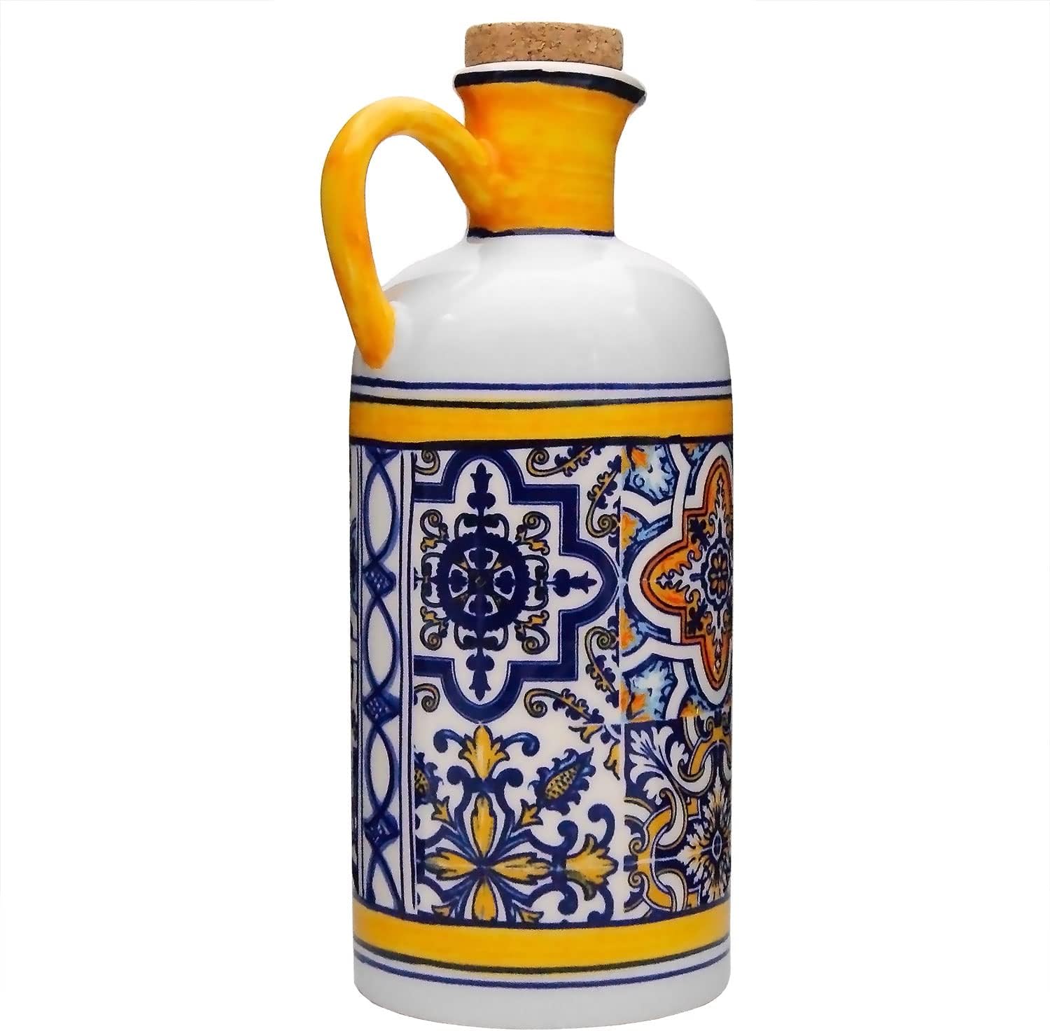 Portuguese Pottery Alcobaça Ceramic Olive Oil Cruet Bottle Dispenser for Kitchen (Yellow), 4 in x 3 in x 7.5 in Inch (L x W x H)