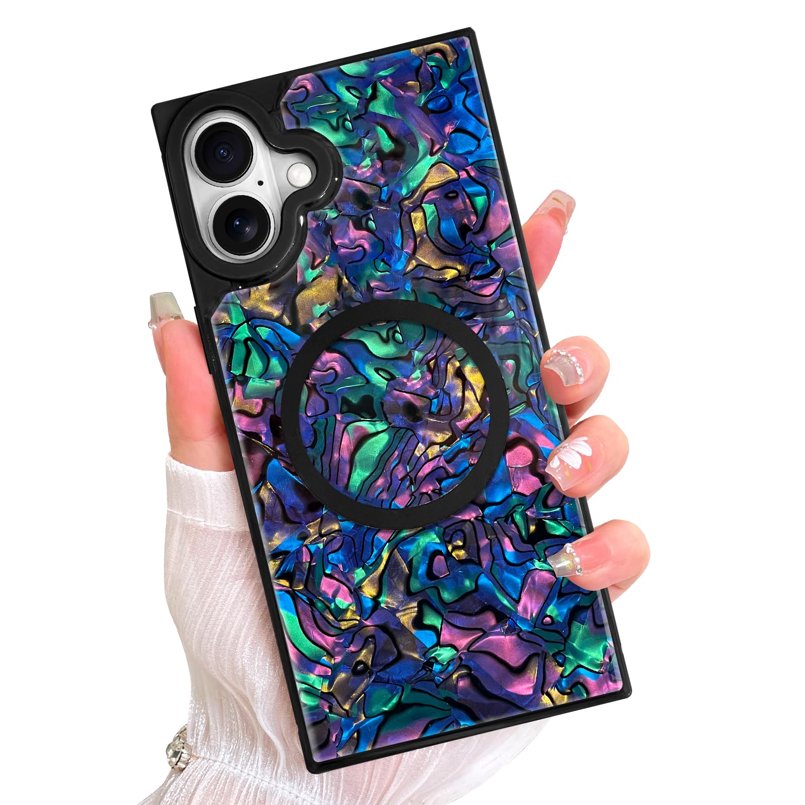 AIGOMARA Magnetic Rectangle for iPhone 16 Case, Compatible with Magsafe Luxury Sparkle Opalescent Pearl for Women Girls Glossy Glitter Protective