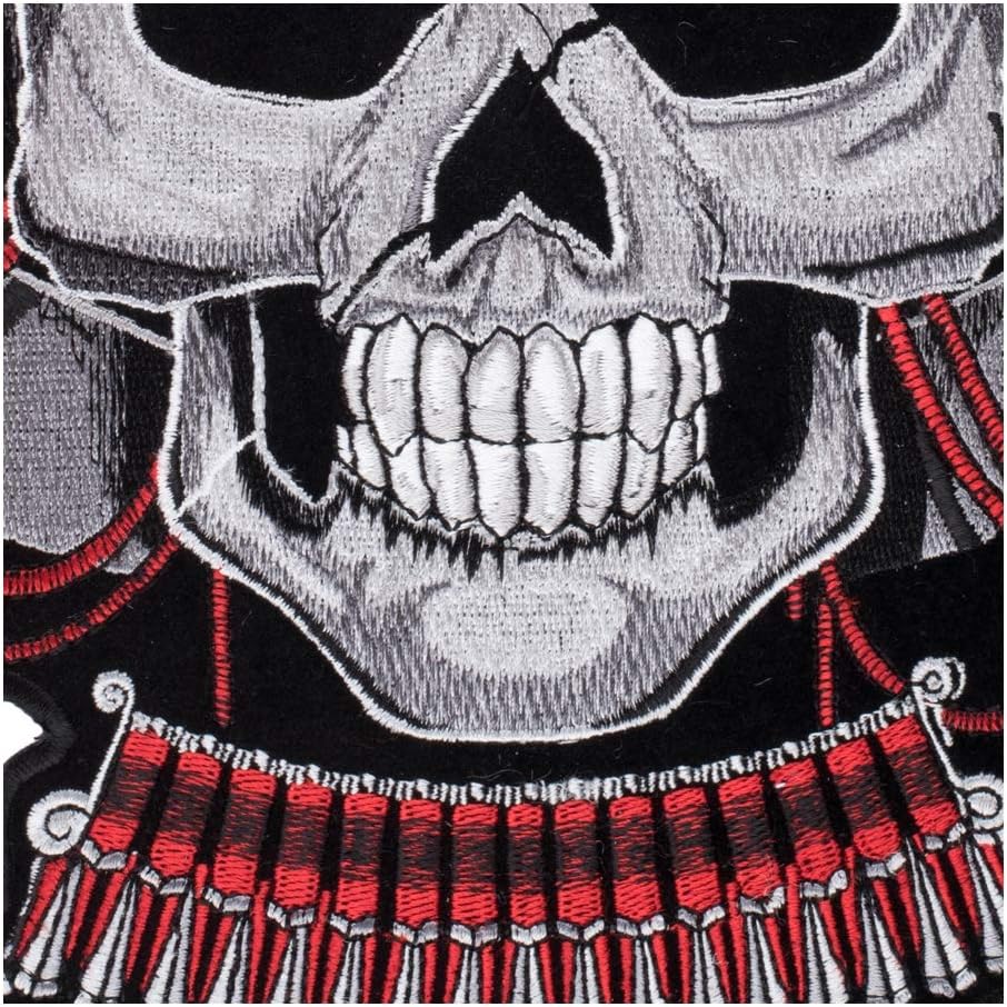 PatchStop Samurai Skull Red Gray Iron On Patches for Clothing Jeans - 9x13in X-Large DIY Sew On Back Patch for Jackets Bags - Embroidered Decorative Skull Patches