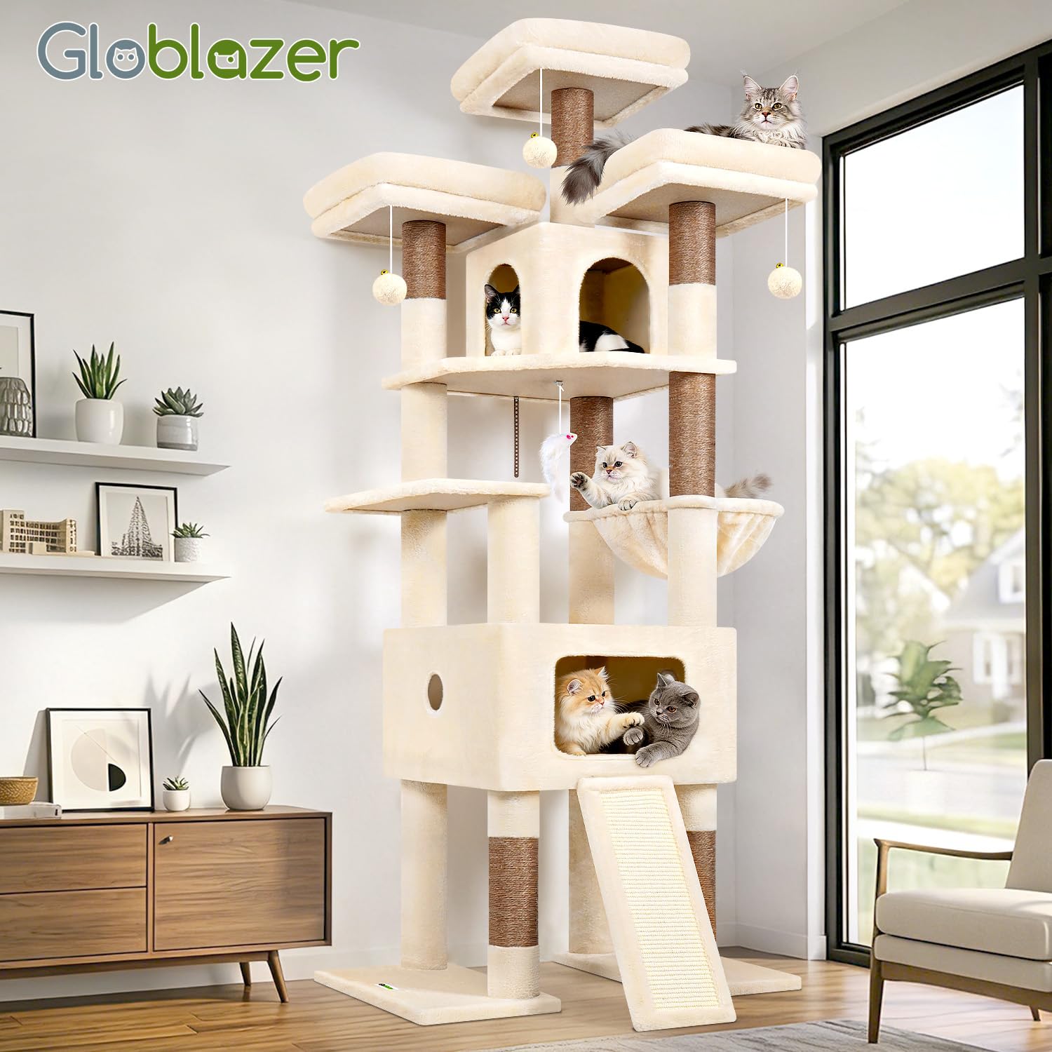 Globlazer Arbre à Chat Beige XXL pour Grand Chats 192cm avec Immense Niches 48*48*30CM, 3 Perchoirs Rembourré, Doux Panier, Planche Sisal, Arbres a Chat Stable pour 3-4 Chats Adulte Repos (F75, Beige)